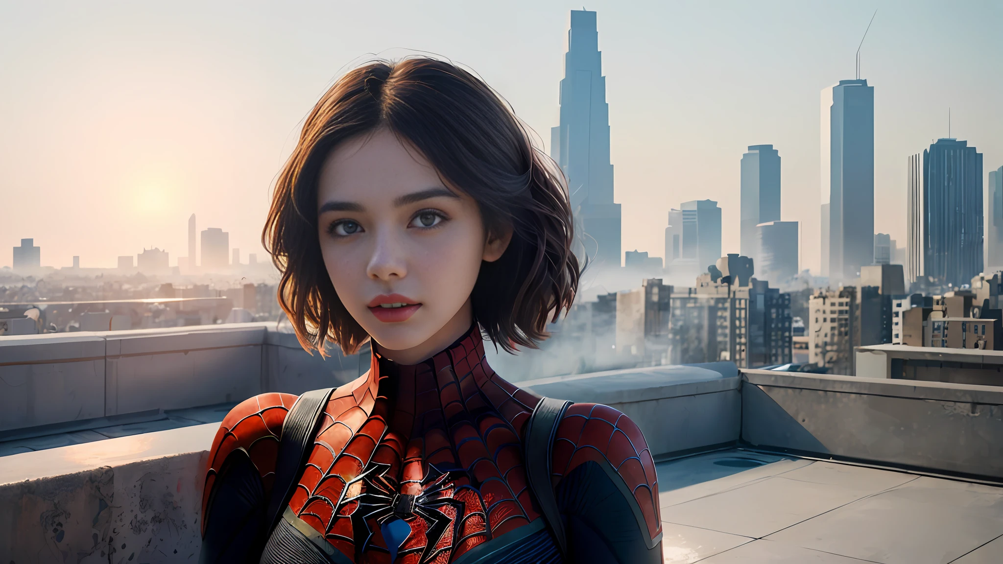 (1girl:1.3), Solo, (((Very detailed face)))), ((Very detailed eyes and face)))), Beautiful detail eyes, Body parts__, Official art, Unified 8k wallpaper, Super detailed, beautiful and beautiful, beautiful, masterpiece, best quality, original, masterpiece, super fine photo, best quality, super high resolution, realistic realism, sunlight, full body portrait, amazing beauty, dynamic pose, delicate face, vibrant eyes, (from the front), She wears Spider-Man suit, red and black color scheme, spider, very detailed city roof background, rooftop, overlooking the city, detailed face, detailed complex busy background, messy, gorgeous, milky white, highly detailed skin, realistic skin details, visible pores, clear focus, volumetric fog, 8k uhd, DSLR, high quality, film grain, fair skin, photo realism, lomography, futuristic dystopian megalopolis, translucent