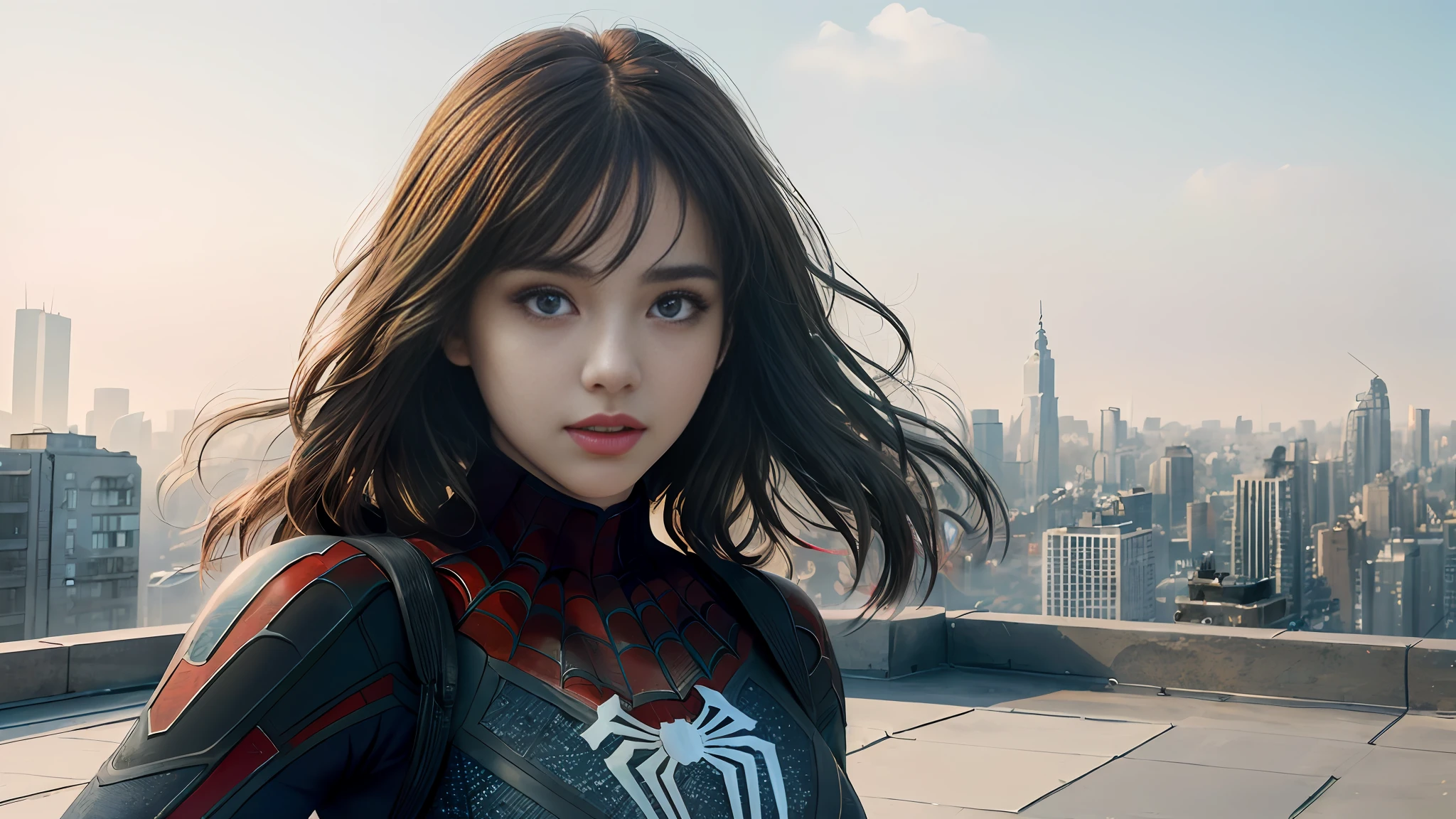 (1girl:1.3), Solo, (((Very detailed face)))), ((Very detailed eyes and face)))), Beautiful detail eyes, Body parts__, Official art, Unified 8k wallpaper, Super detailed, beautiful and beautiful, beautiful, masterpiece, best quality, original, masterpiece, super fine photo, best quality, super high resolution, realistic realism, sunlight, full body portrait, amazing beauty, dynamic pose, delicate face, vibrant eyes, (from the front), She wears Spider-Man suit, red and black color scheme, spider, very detailed city roof background, rooftop, overlooking the city, detailed face, detailed complex busy background, messy, gorgeous, milky white, highly detailed skin, realistic skin details, visible pores, clear focus, volumetric fog, 8k uhd, DSLR, high quality, film grain, fair skin, photo realism, lomography, futuristic dystopian megalopolis, translucent