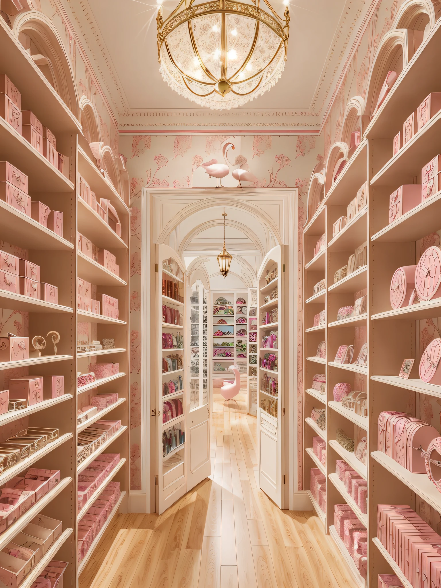View of an accessory store, doors are arches, pink wallpaper drawn white swans, white cineis, wooden floor in dark color, built-in interior lighting, accessories inside a showcase, Interior architecture, details, Gucci wallpaper, realistic, wood details, HD black details --auto --s2