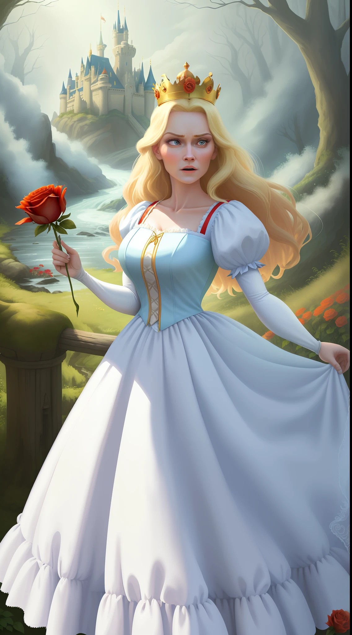 A beautiful Disney princess with 25 years, the blonde Snow White very scared wearing a crown in the forest with many cute animals near her., Many flowers of various colors. A sunny day. with a river and a fairytale castle in the background. Walt Disney cartoon style masterpiece style, various angles looking at the camera, big orange and red roses, 3, cute animals, very scared, seeing something scary approaching. Detail of the angle, on his terrified face. A huge scary dragon appears