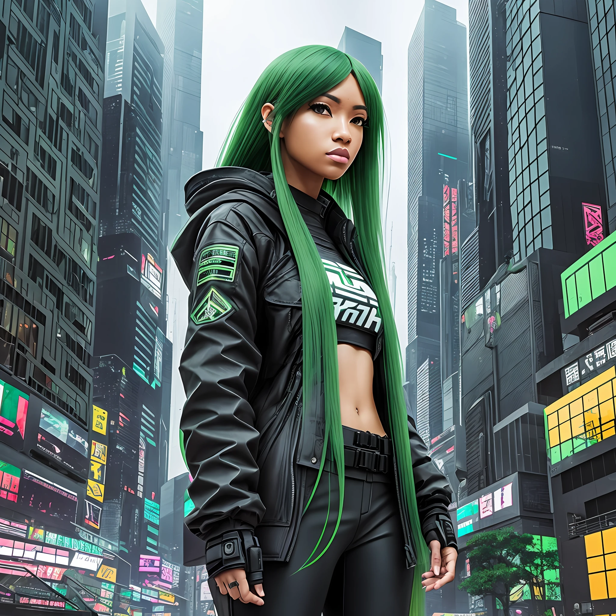 Black woman, long green hair, cyberpunk, techwear, anime