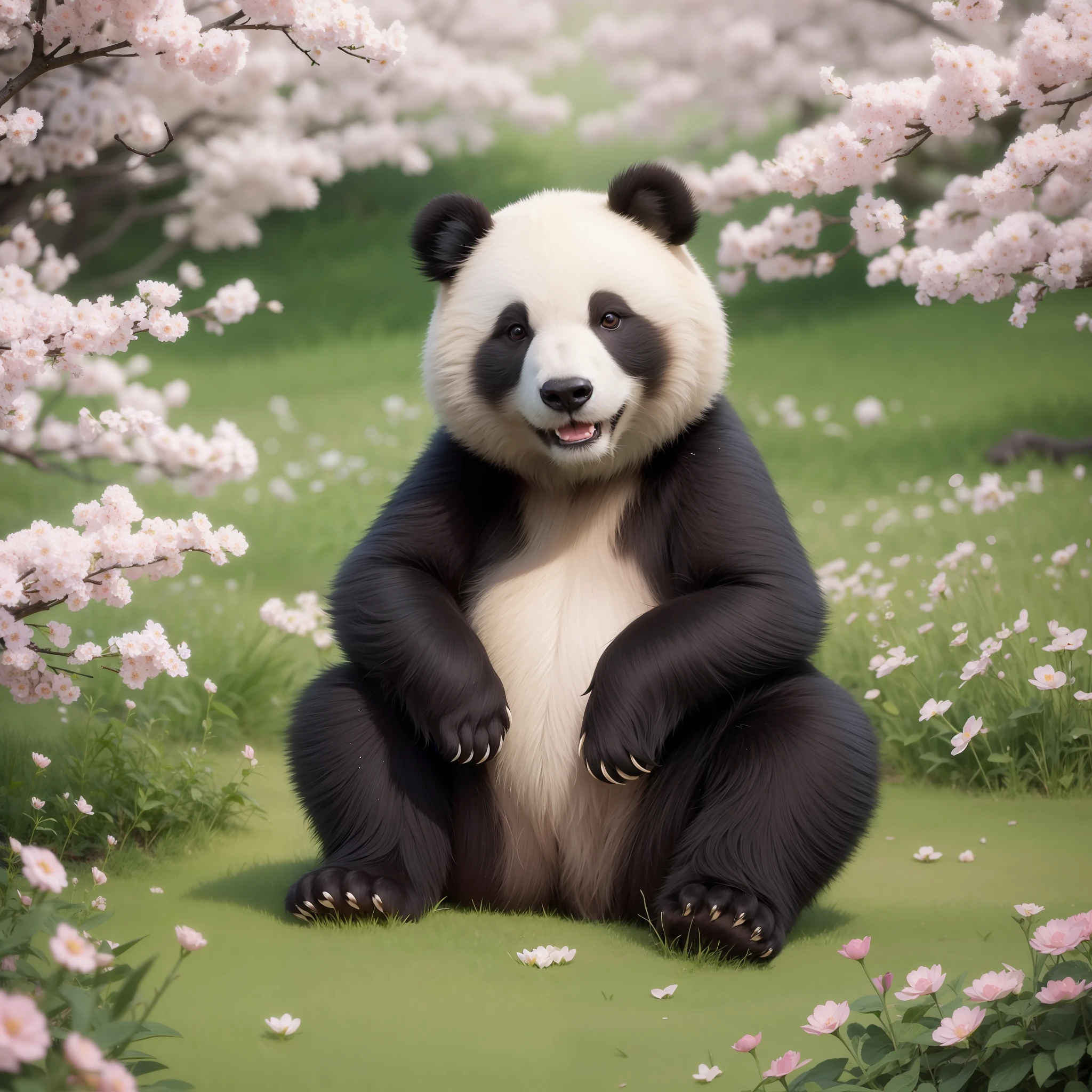 8K, 1 bear, cute sitting on the ground, (shiny and shiny hair: 1.5), (exquisite depiction of details: 1.5), cute giant panda named Wahua, characteristics of giant panda, black limbs, standing on both feet, smiling to face the audience, enjoying the spring scenery in the small hills full of flowers, wide-angle lens, high-definition picture quality, exquisite detail description