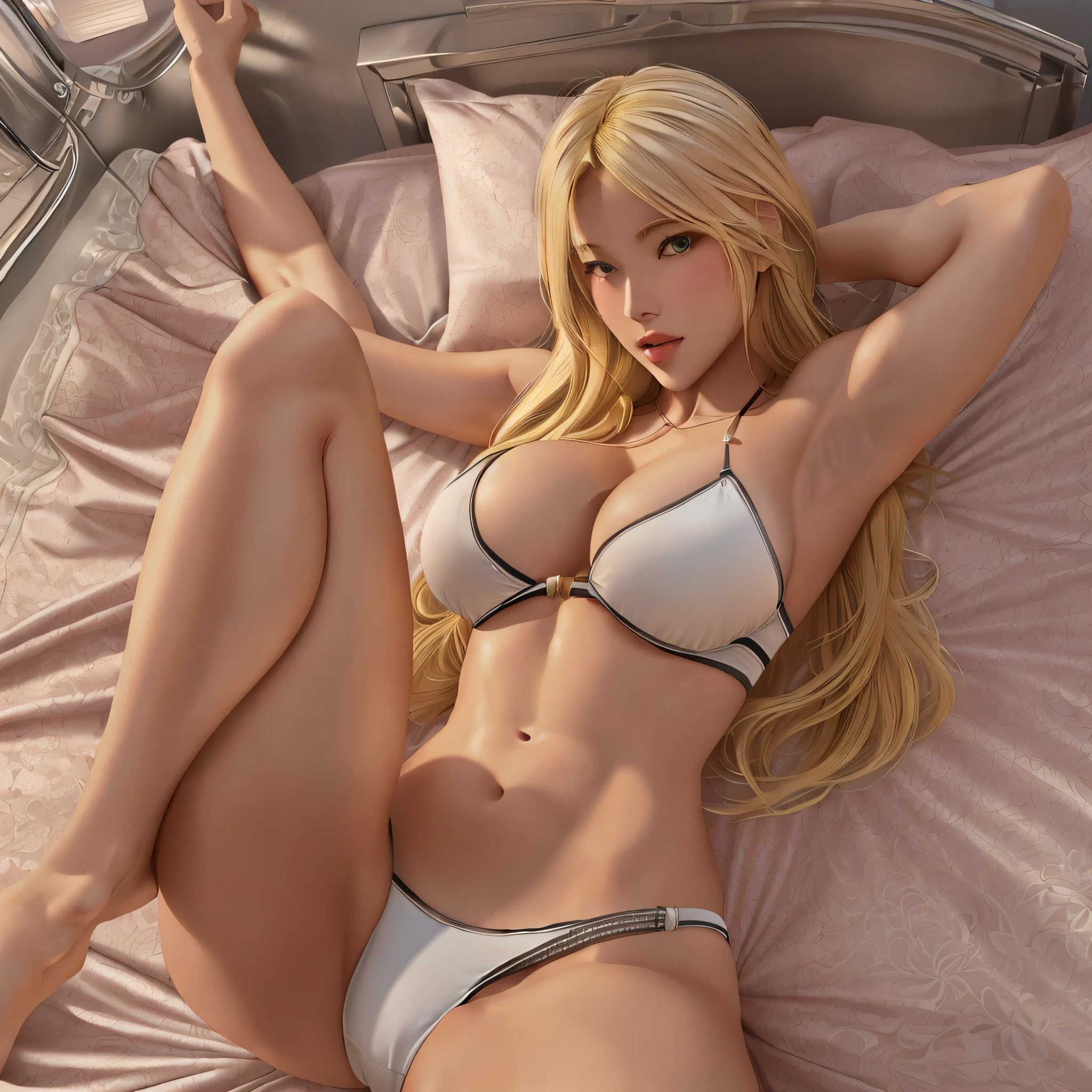 blond woman in a white bikini laying on a bed with a suitcase, sexy girl with long blonde hair, blonde goddess, beautiful blonde girl, sexy girl, beautiful blonde woman, she's on my bed in bikini, blonde, realistic shaded perfect body, laying back on the bed, blonde girl, posing in bed, blonde woman, sexy body, beautiful woman body