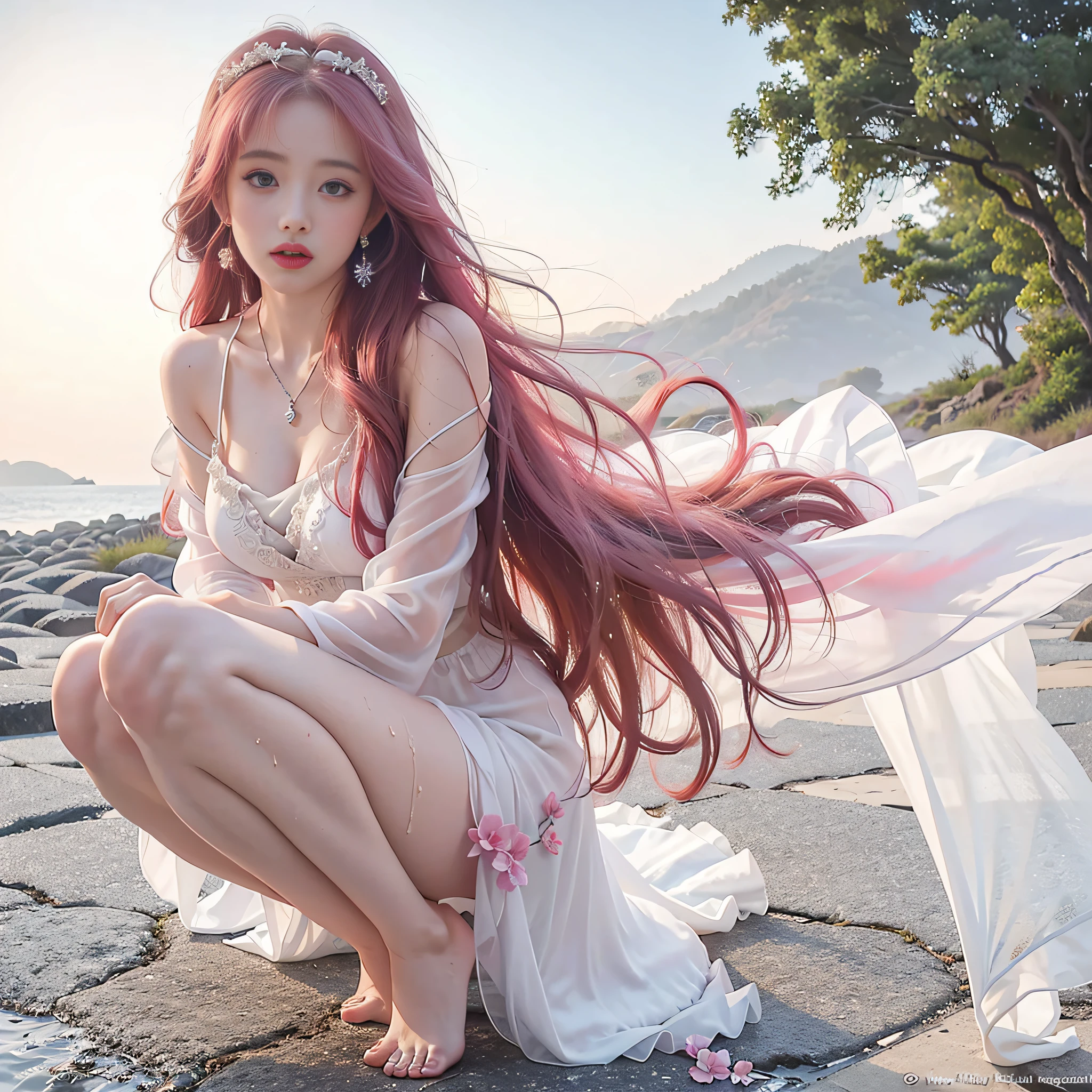 Girl, sexy, wet white silk wedding dress, pink long hair, pink long hair, curly hair, curly hair, smooth long hair, shiny hair, delicate face, delicate lips, delicate eyes, blue pupils, delicate nose, necklace, earrings, hairpins, correct body structure, correct hand structure, half kneeling, sea of flowers, color contrast, Tyndall effect, vista, full body,