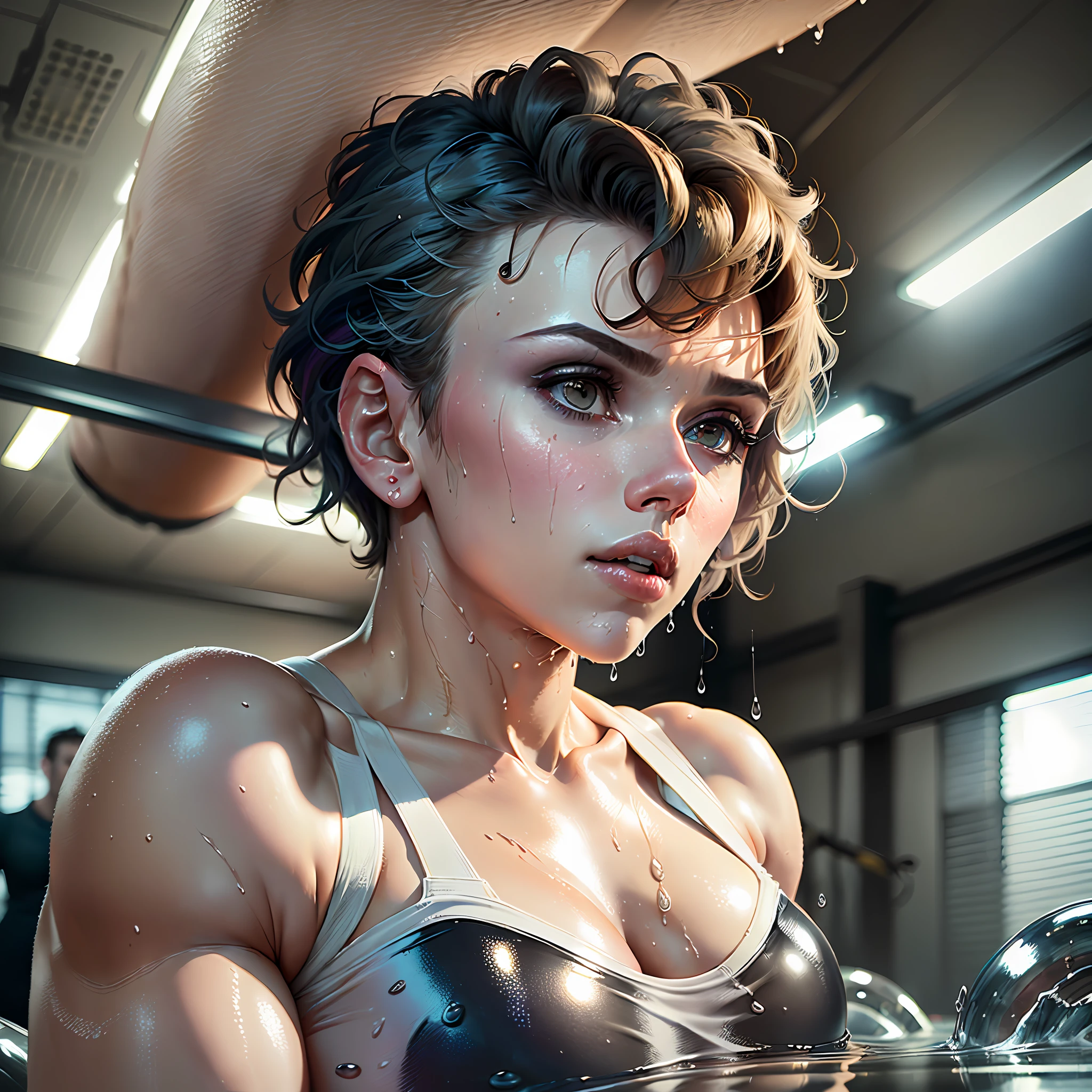 close-up scarlett Johansson working out in the gym, (((short hair like boy's whirlpool)), tomboyish style, gothic makeup, (((wet clothes and hair like after bath)))), atmospheric lights, divine rays, in the background weightlifters exercising in the gym, perfect female face, ultra-detailed, (((naked torso and breasts)))), (Muscles 1.5), ((Strong body and bodybuilder)), (((Extra muscles))), smooth, high detail, soft bokeh background, huge biceps, bodybuilder, roided