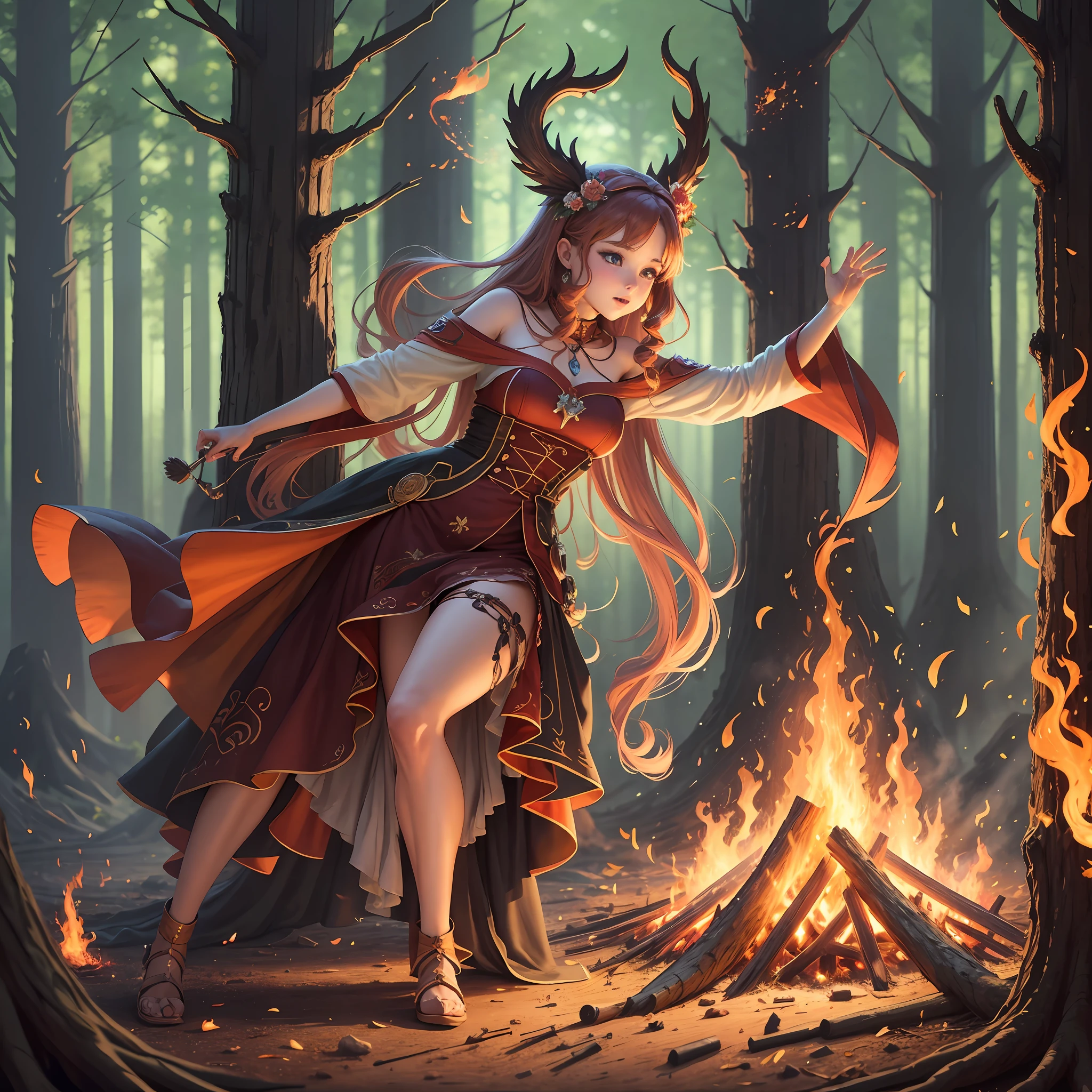 (best quality), (fantasy), (warm colors) dancing around a large bonfire in a forest with cherry and pine trees. --auto --s2