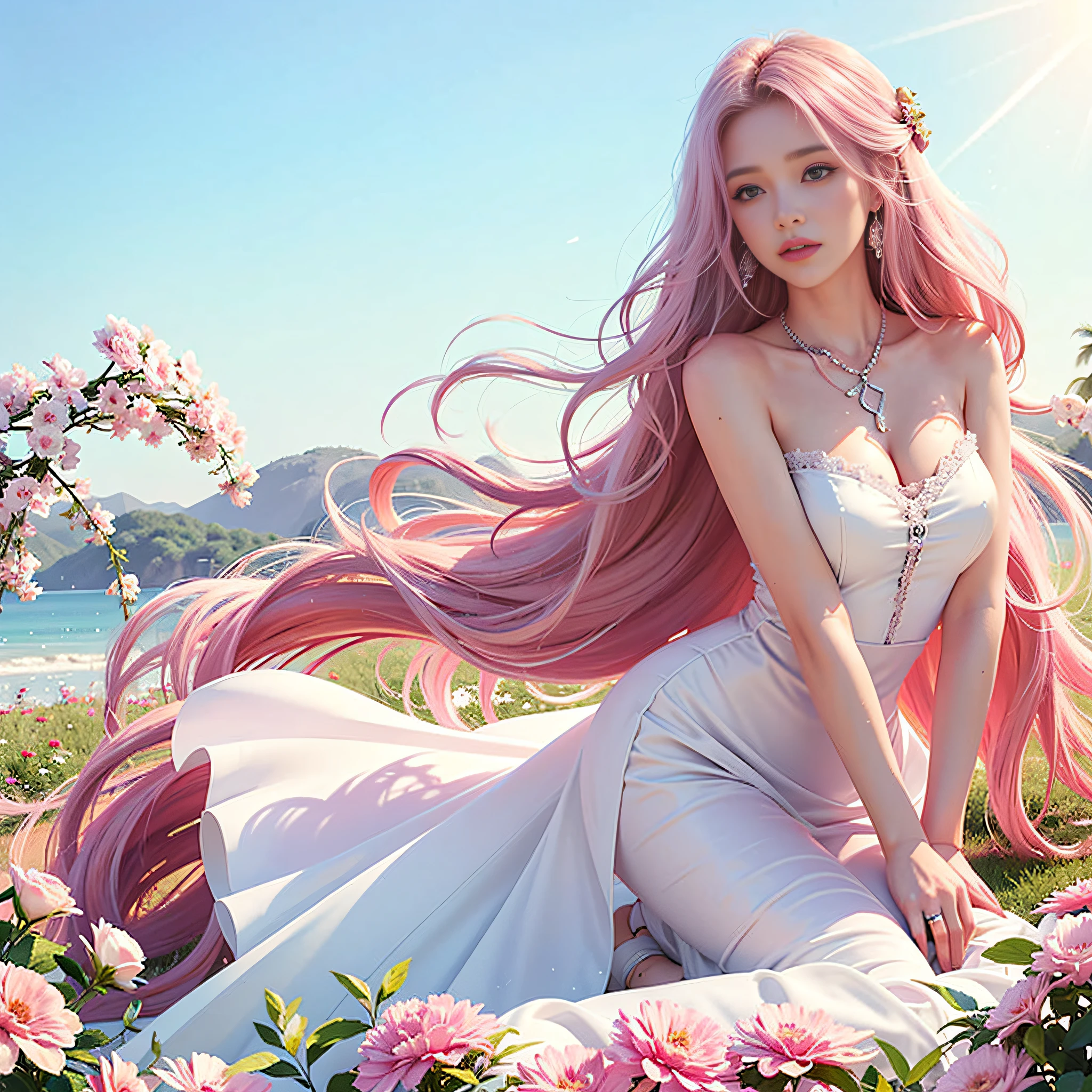 Girl, sexy, wet white silk wedding dress, pink long hair, pink long hair, curly hair, curly hair, smooth long hair, shiny hair, delicate face, delicate lips, delicate eyes, blue pupils, delicate nose, necklace, earrings, hairpins, correct body structure, correct hand structure, half kneeling, sea of flowers, color contrast, Tyndall effect, vista, full body,