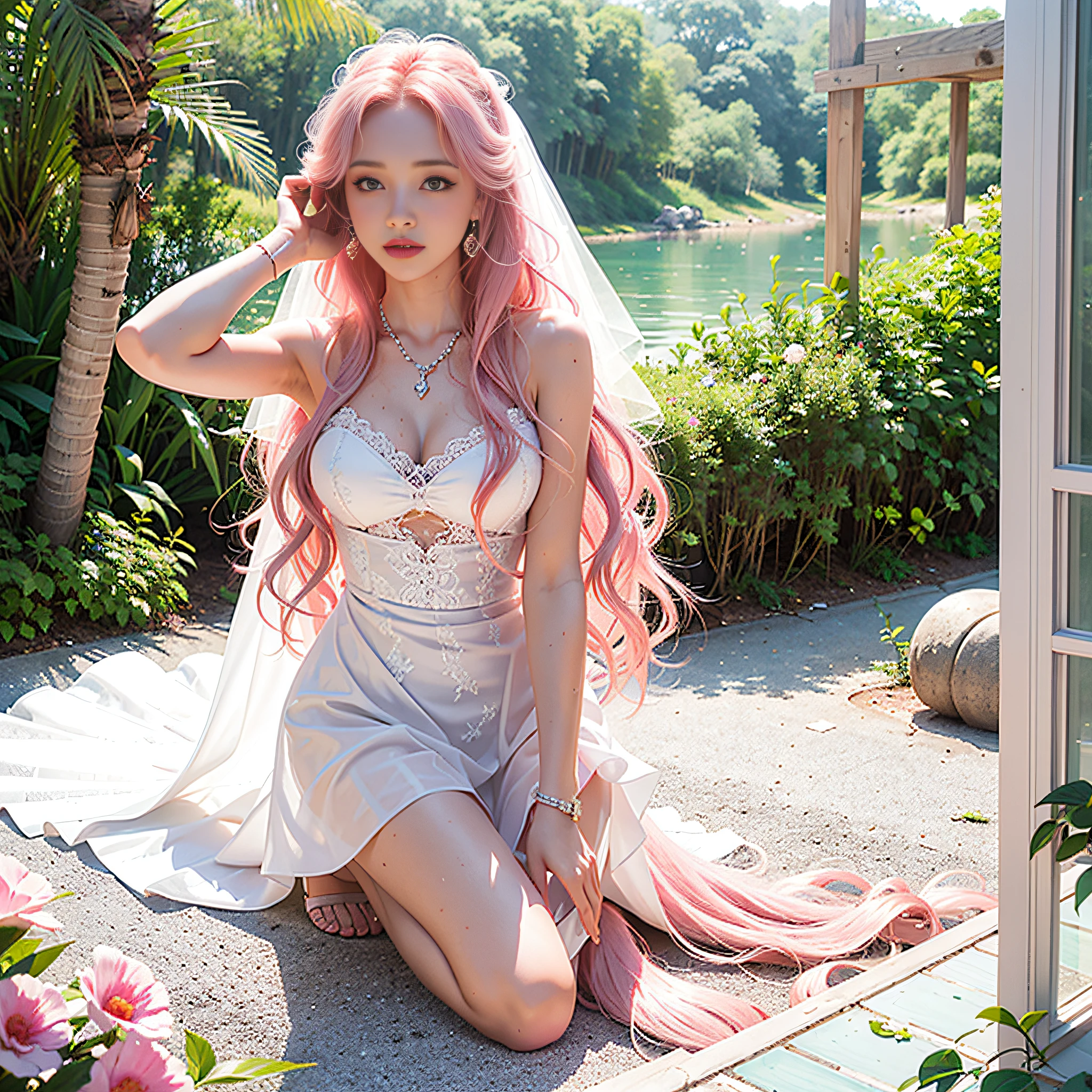 Girl, sexy, wet white silk wedding dress, pink long hair, pink long hair, curly hair, curly hair, smooth long hair, shiny hair, delicate face, delicate lips, delicate eyes, blue pupils, delicate nose, necklace, earrings, hairpins, correct body structure, correct hand structure, half kneeling, sea of flowers, color contrast, Tyndall effect, vista, full body,