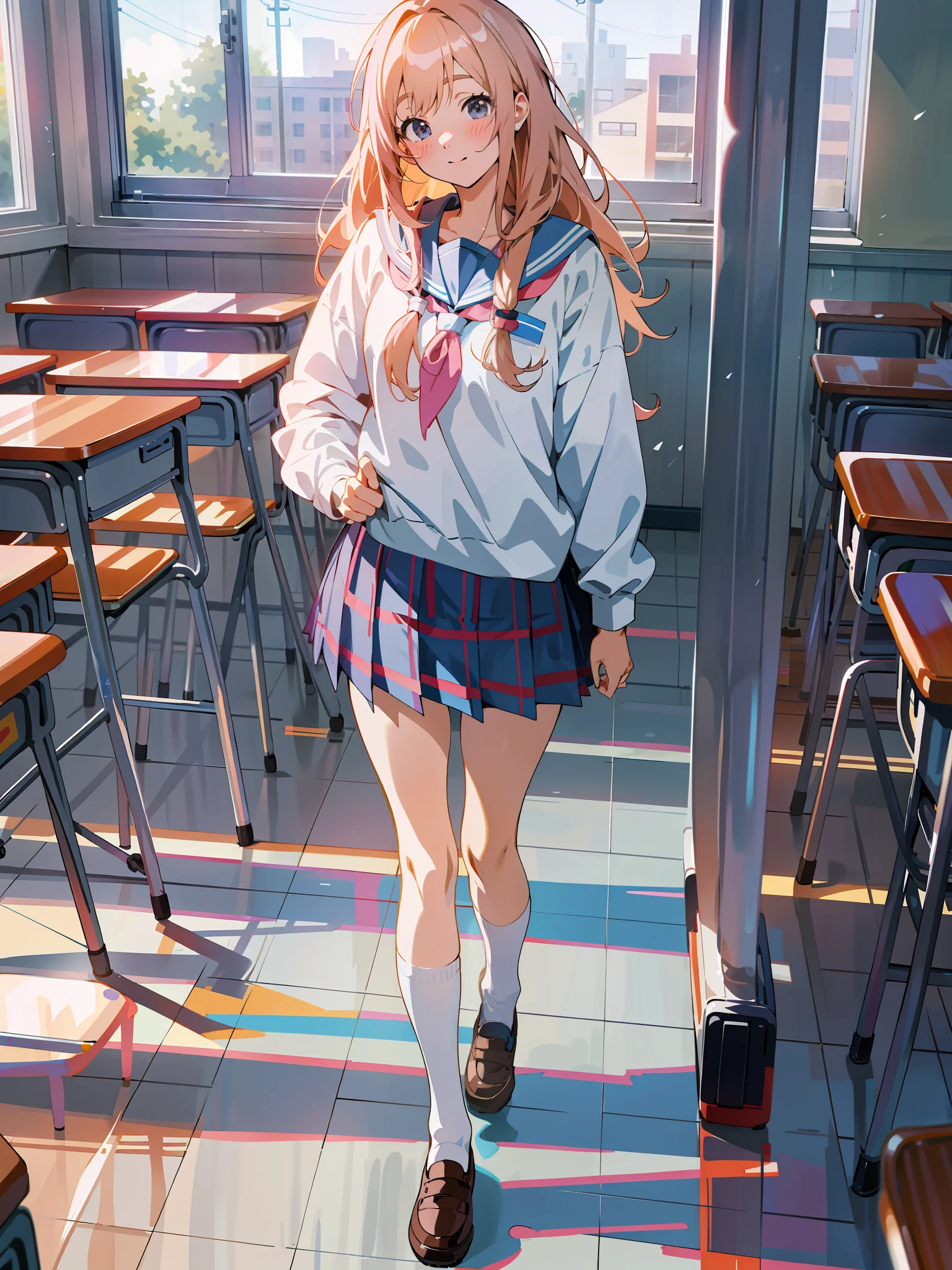 anime girl in school uniform walking in a classroom with desks, beautiful anime high school girl, school girl, standing in class, anime visual of a cute girl, a hyperrealistic schoolgirl, realistic schoolgirl, hyperrealistic schoolgirl, anime full body illustration, young anime girl, anime art wallpaper 8 k, cute schoolgirl, digital anime illustration, clean detailed anime art