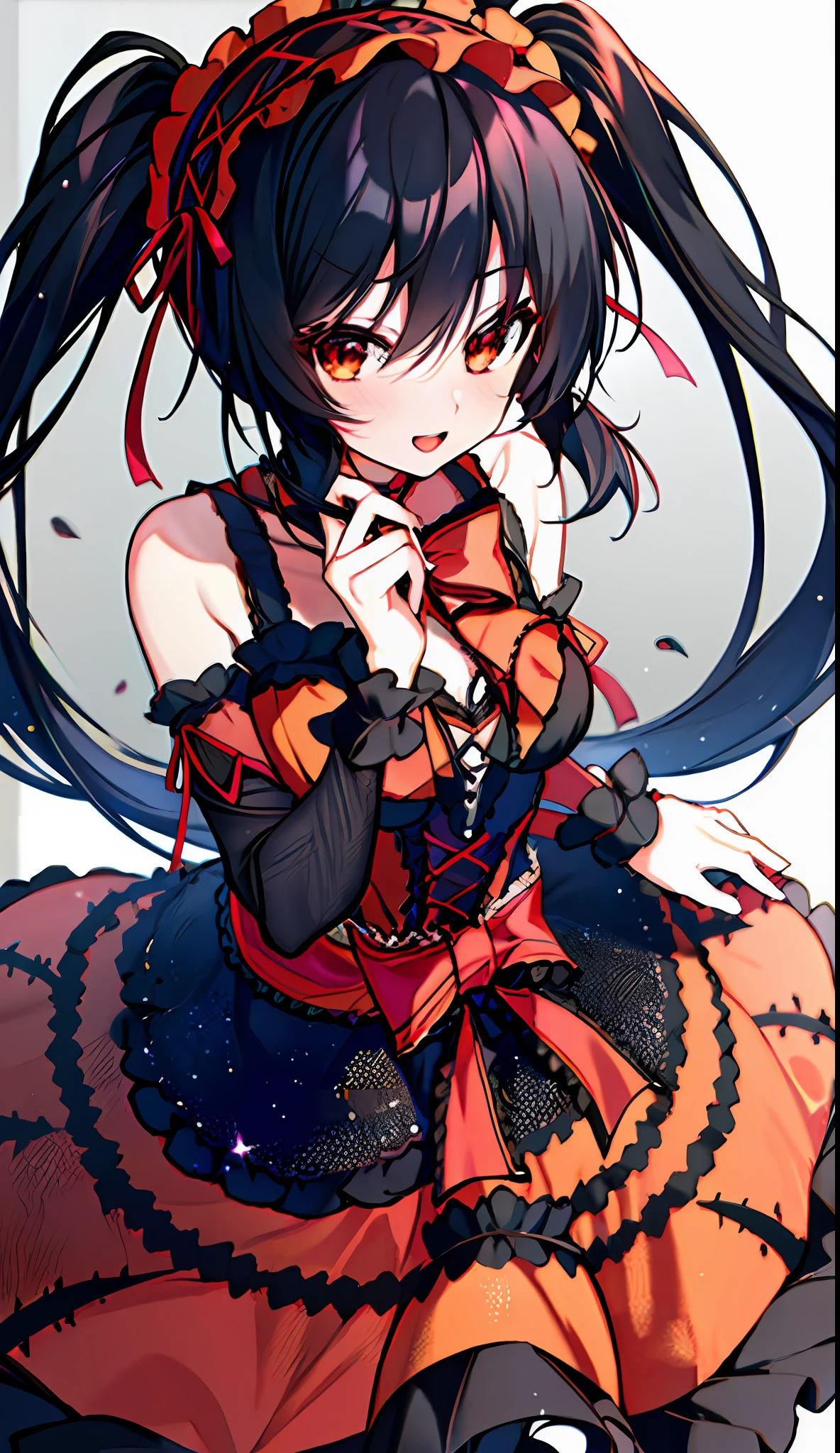 18 year old beautiful girl, masterpiece, top quality, very detailed, 8k anime, 1 girl, detailed fingers, precise fingers, not unnatural hands, odd eye, black hair twin tails, kurumi tokizaki,