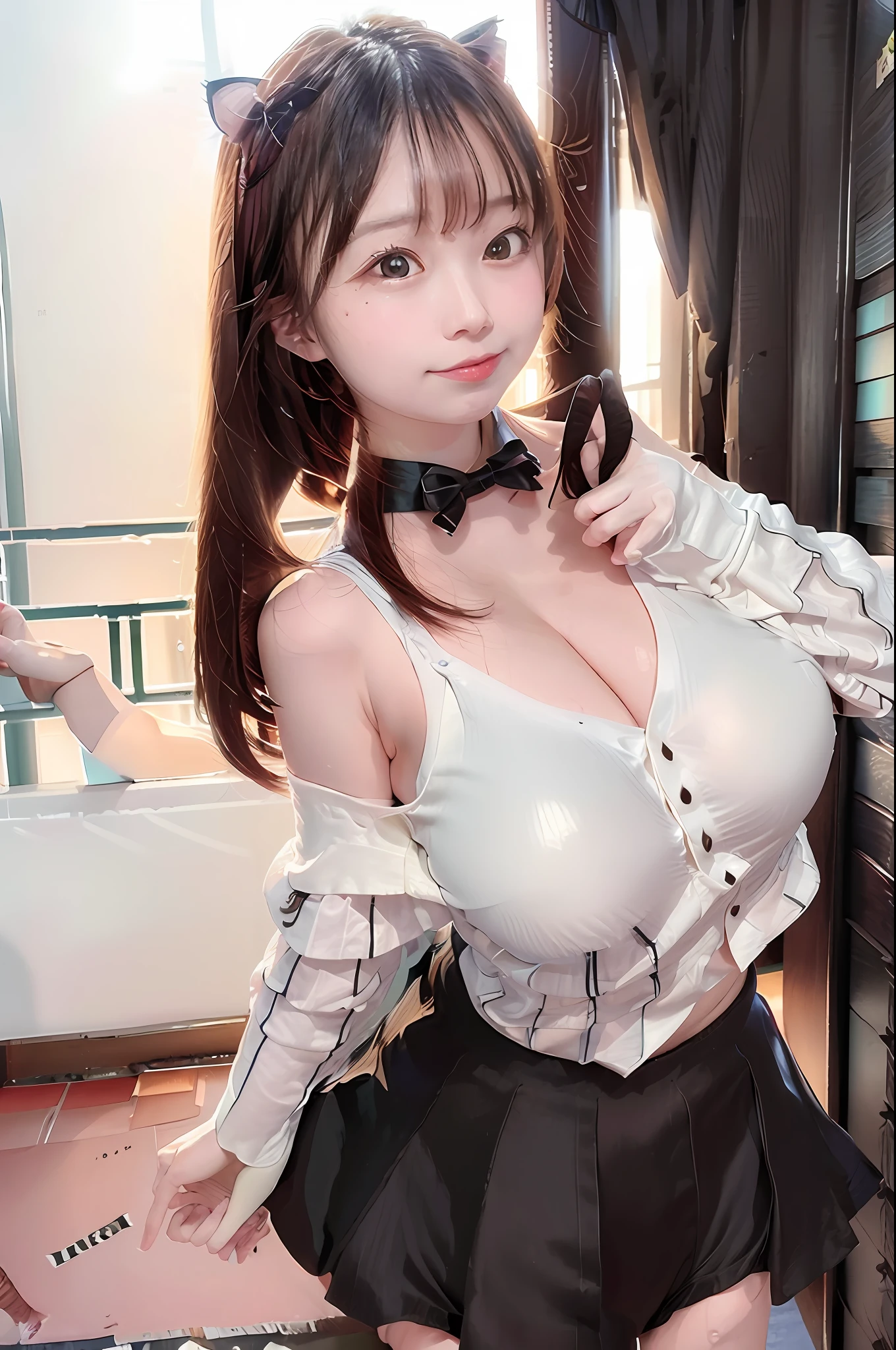 (8k, RAW photo, best quality, masterpiece: 1.2), (realistic, photo-realistic: 1.37), ultra-detailed, 1 girl, beautiful, solo, beautiful detailed sky, detailed coffee, night, sitting, (flushed nose), (smile: 1.1), (mouth closed), medium breasts, beautiful detailed eyes, (collared shirt: 1.1), bow tie, pleated skirt, (short hair: 1.2), floating hair, taking big ice cream,
