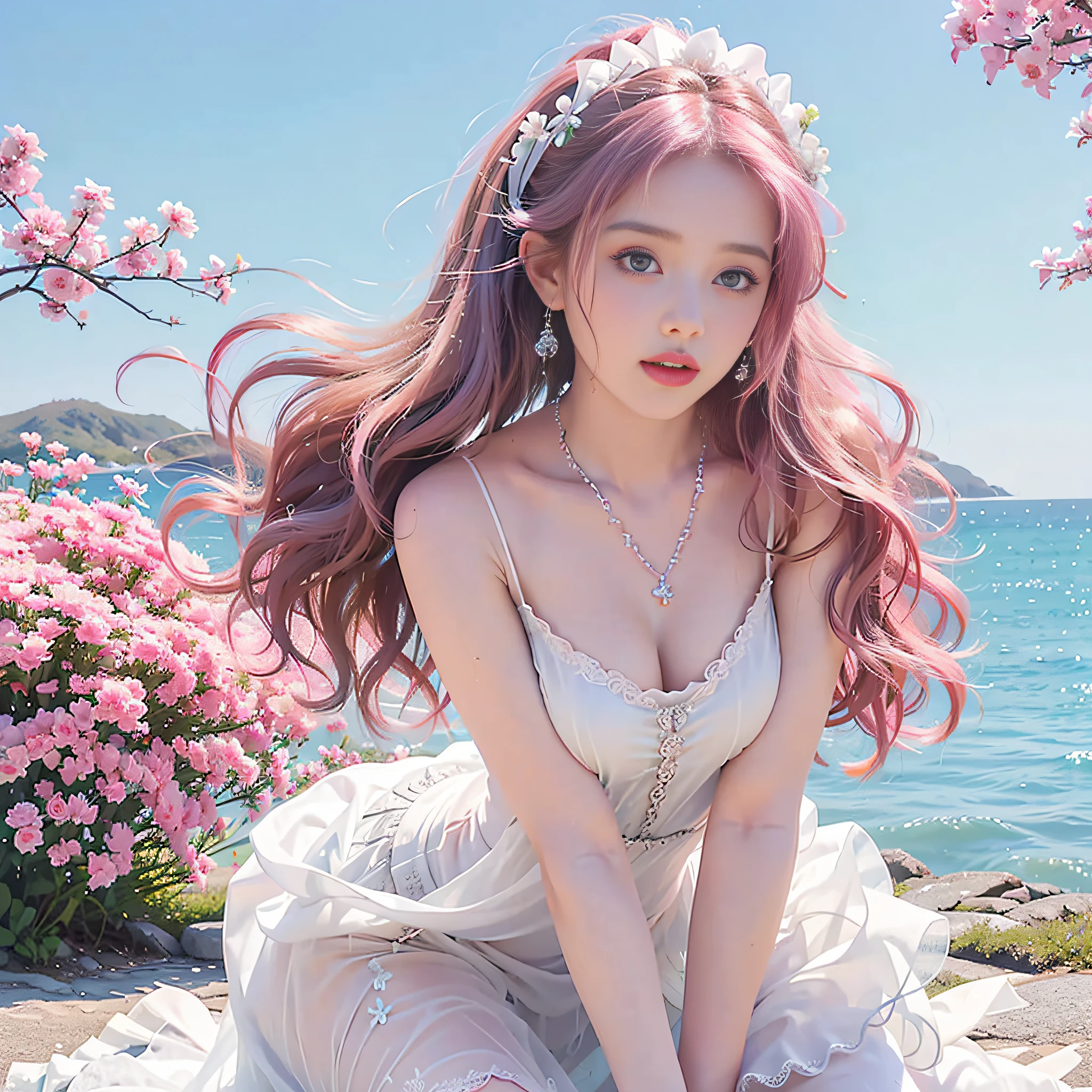A sexy girl, wearing a wet white silk wedding dress, wearing necklaces, earrings and hairpins, her hair is long pink curls, smooth and shiny, delicate face, lips, eyes and nose, blue pupils, she is half-kneeling in the sea of flowers, the colors are contrasting, using the vista to create a Tyndall effect, full body composition.