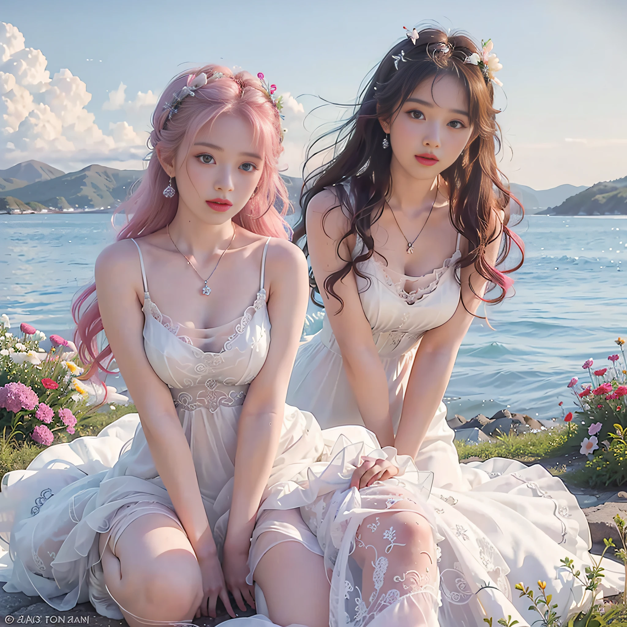 A sexy girl, wearing a wet white silk wedding dress, wearing necklaces, earrings and hairpins, her hair is long pink curls, smooth and shiny, delicate face, lips, eyes and nose, blue pupils, she is half-kneeling in the sea of flowers, the colors are contrasting, using the vista to create a Tyndall effect, full body composition.