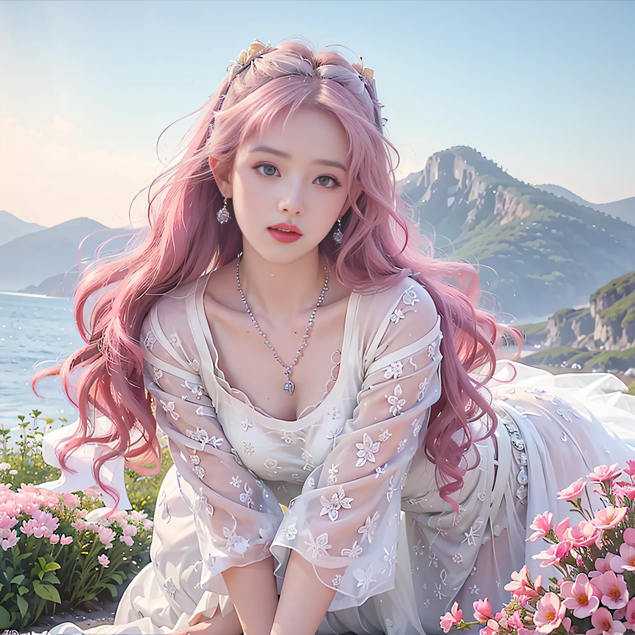 A sexy girl, wearing a wet white silk wedding dress, wearing necklaces, earrings and hairpins, her hair is long pink curls, smooth and shiny, delicate face, lips, eyes and nose, blue pupils, she is half-kneeling in the sea of flowers, the colors are contrasting, using the vista to create a Tyndall effect, full body composition.