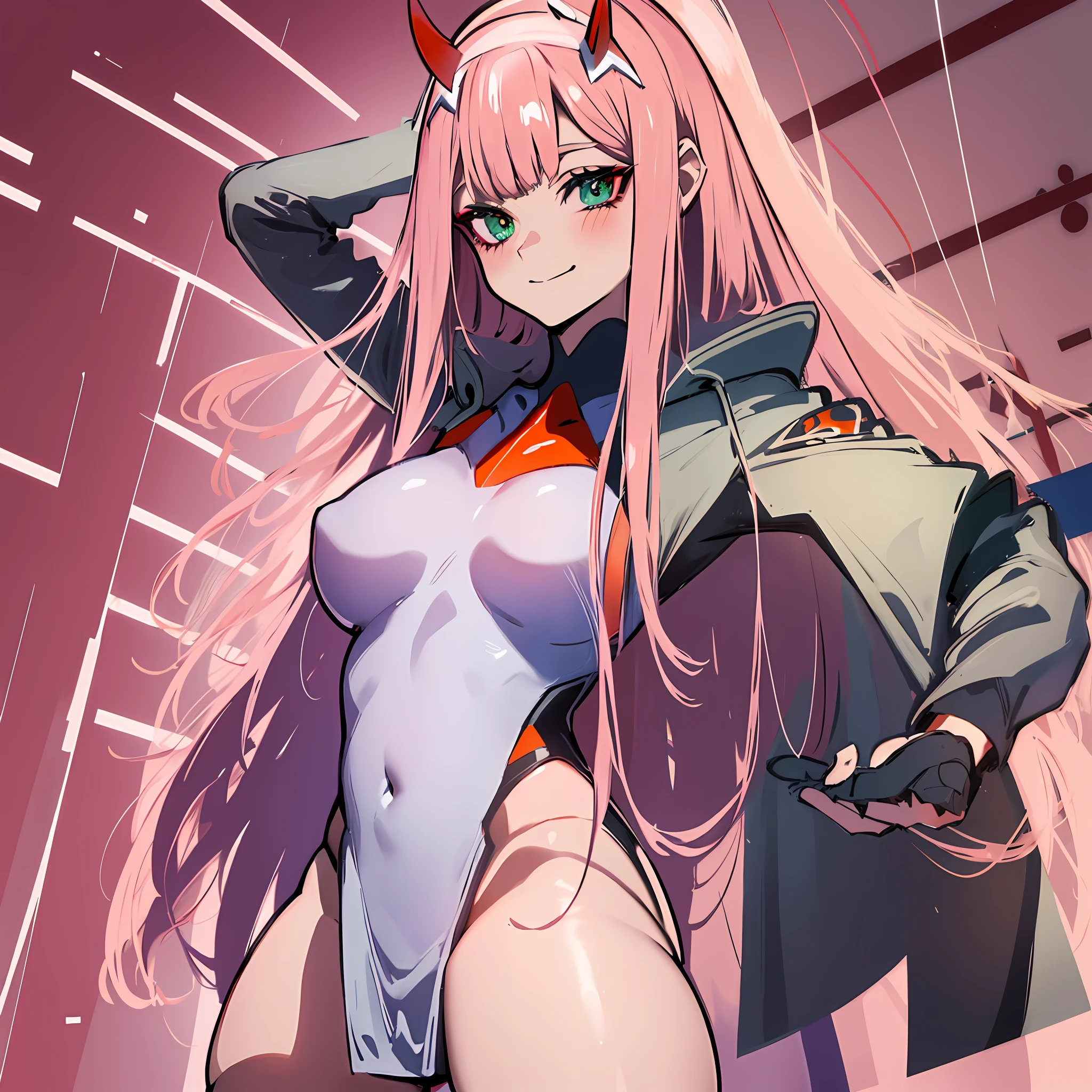 zero two \(darling in the franxx\), darling in the franxx, 1girl, bangs, biting, blush, covered navel, eyeshadow, green eyes, hair behind head, hand on hip, horns, smile, long hair, looking at viewer, makeup, pilot suit, red suit, pink hair, red eyeshadow, science fiction, skin tight, solo, ((masterpiece)),(breast:1.4), 8k, (thick thighs:1.3), beautiful, boner in suit, trap, trans, futa