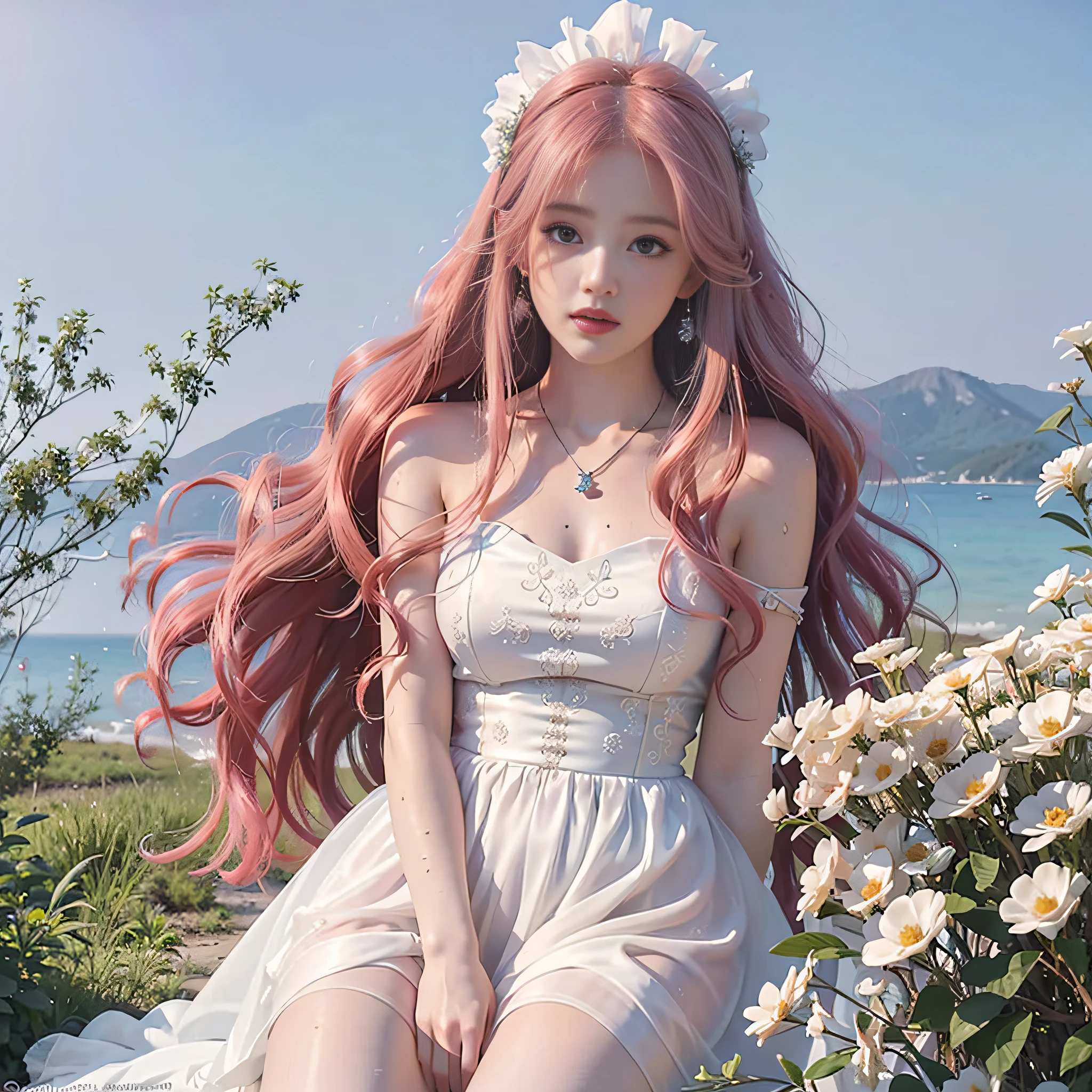 A girl, sexy, wet white silk wedding dress, pink long hair, long pink hair, curly hair, curly hair, smooth long hair, shiny hair, delicate face, delicate lips, delicate eyes, blue pupils, delicate nose, necklace, earrings, hairpins, correct body structure, correct hand structure, half kneeling, sea of flowers, color contrast, Tyndall effect, vista, full body,