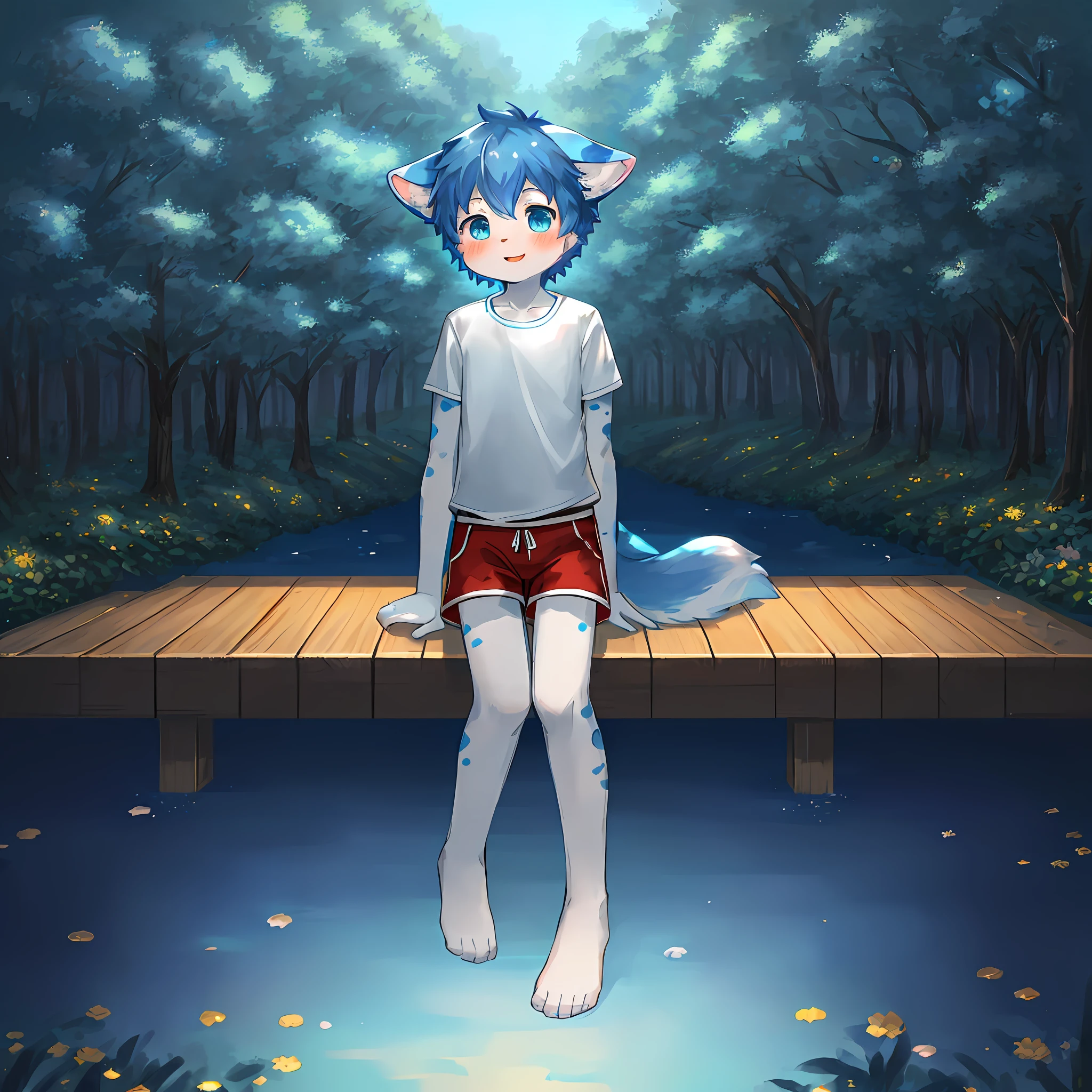 \Qi\㷠\Biao\Jun\Mu\Ban\, fluffy, (outdoor panorama: 1.2), Junior, Ahog, child with bells, furry, furry cat tail, thin tail, (a six-year-old boy: 1.21), (full body without spots: 2.0), blue short hair, David, (covered with blue fur: 2.0), (blue cat ears: 1.3), meat pad pink, (white shorts, white shirt, furry: 1.5), cat size, juvenile, skinny, (1 boy: 1.4), cat boy, (cub, full body, masterpiece, super detailed: 1.1), super cute face, perfect lighting, blush, white clothes, looking at the audience, super detailed fur , (beautiful forest and blue sky background), (happy emoji)