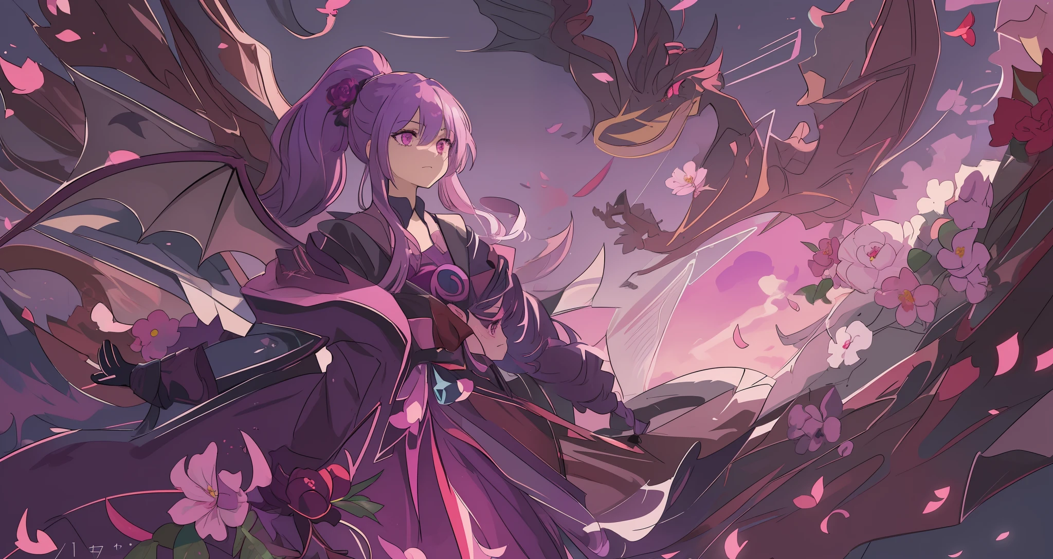 ((Masterpiece, Best Quality)), (Negative Space: 1.2), (1 Girl, Solo: 1.4), Petals, Pink Eyes, Dragon Girl, Long, Purple Hair, High Ponytail, Liquid Hair, Flowers, Dragon Background