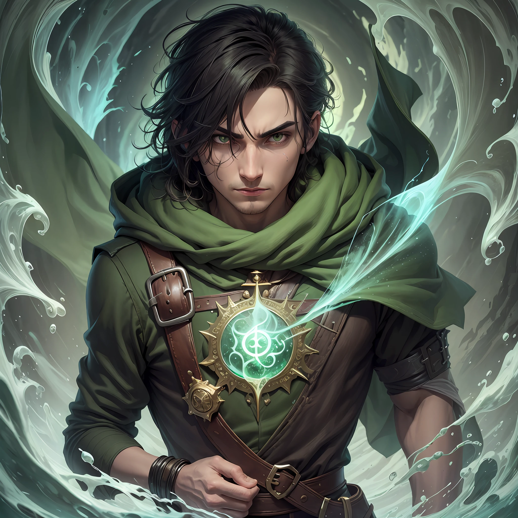 Illustration tarot, pixelart Young male character, tarot card, Wizard phlegm, looking spectator, green color, cloak, phlegm nose, phlegm falls, puddle phlegm, arabesque phlegm, the MOISTER MANCER, runny nose, flu, sinusitis, rhinitis, phlegm fold, MOISTER bending, magic comes out of the character's nose, nose, character's nose oozes magic, nose,