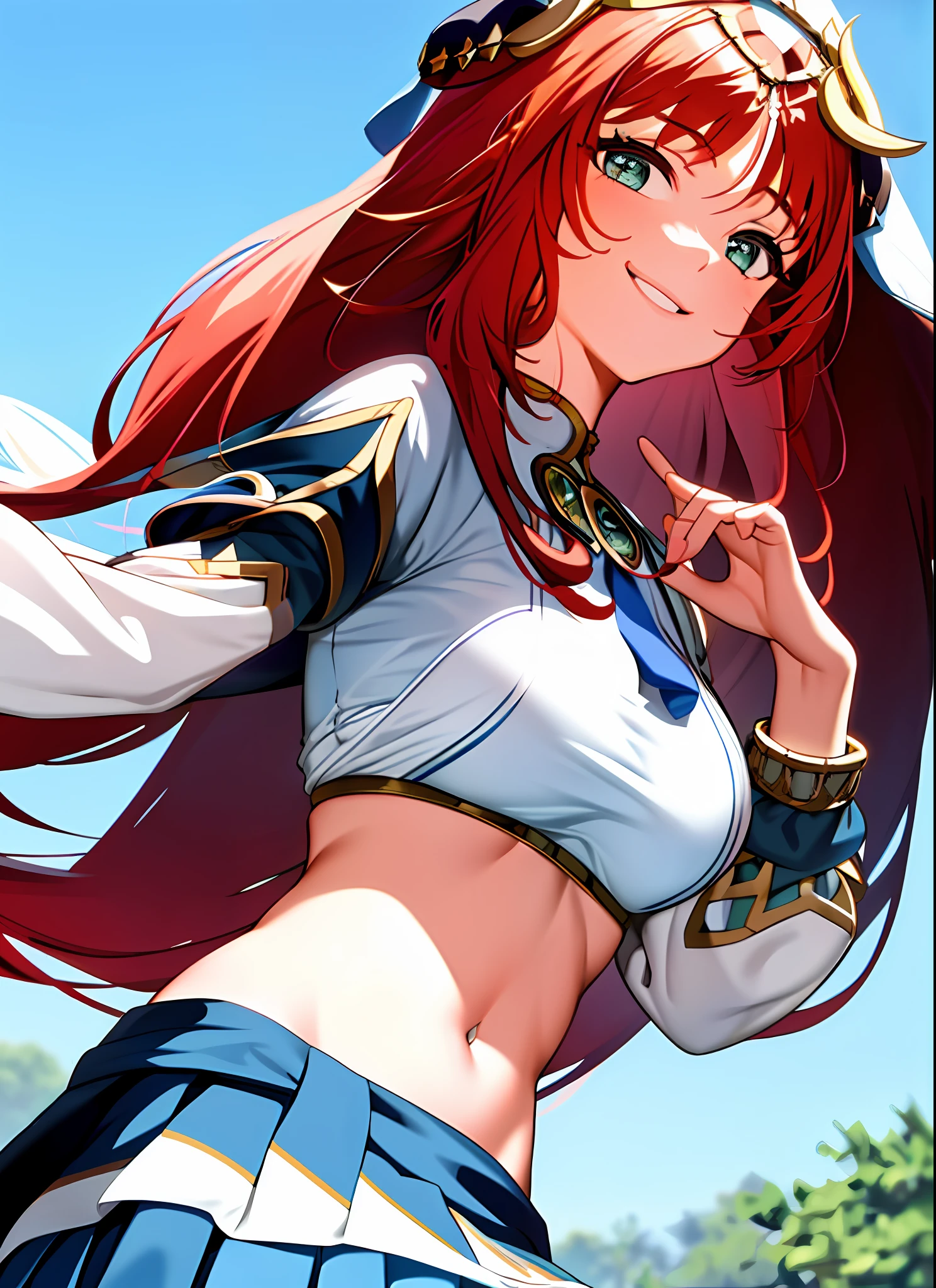 (1girl), medium , smile, school, standing, upper body, hands on chest, sexy p, school uniform, pleated mini skirt, long hair,