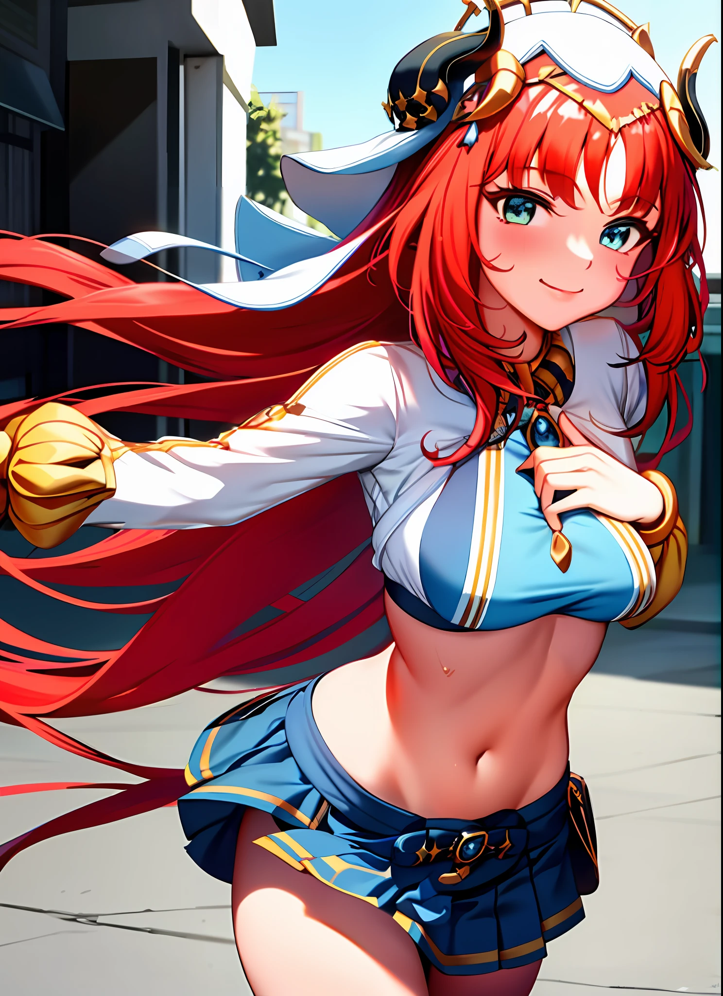(1girl), medium breast, smile, school, standing, upper body, hands on chest, sexy pose, school uniform, pleated mini skirt, long hair,