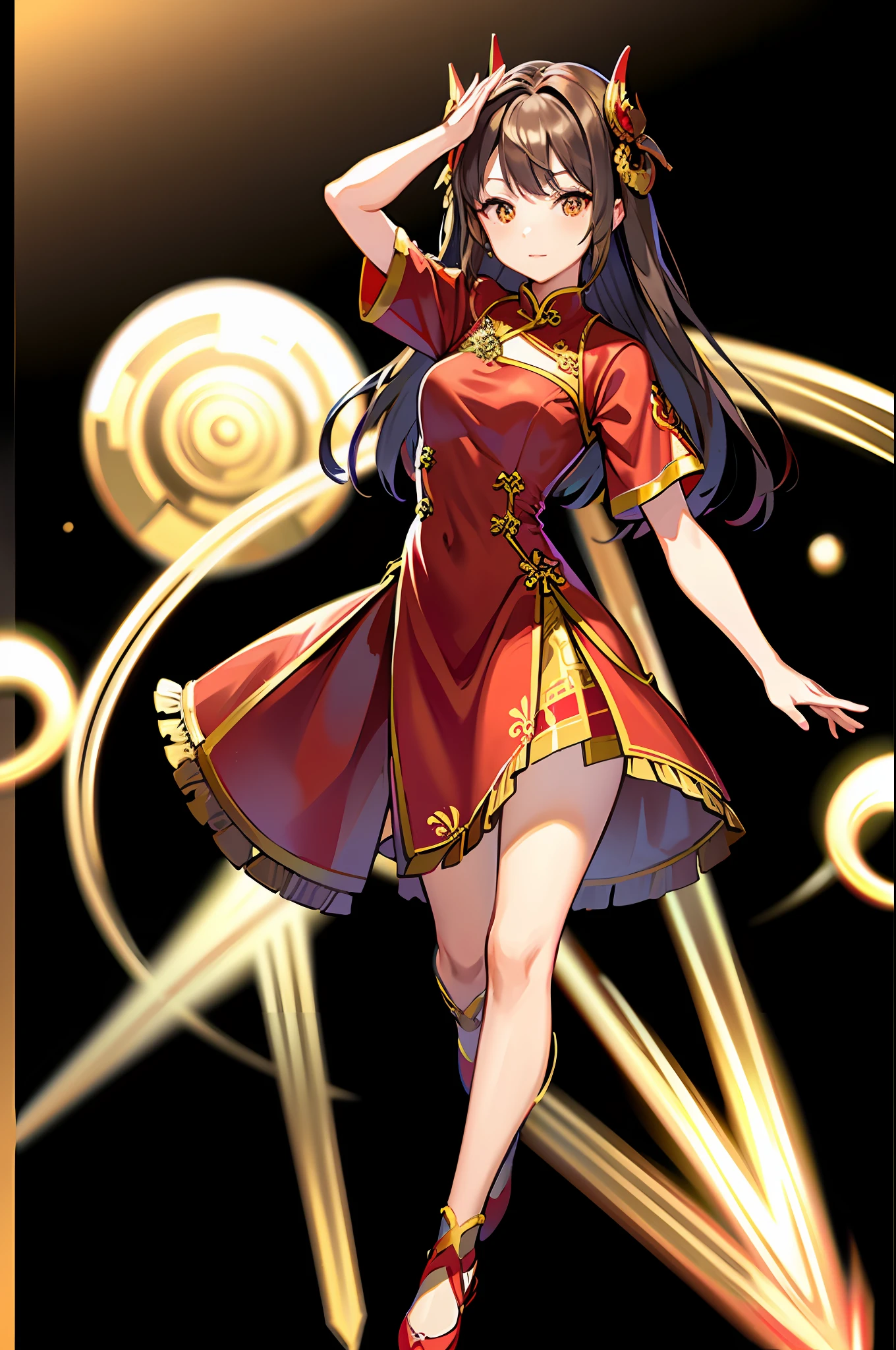 Brown hair, red dress, china dress, yellow eyes, yellow design on dress, yellow borders, space background
