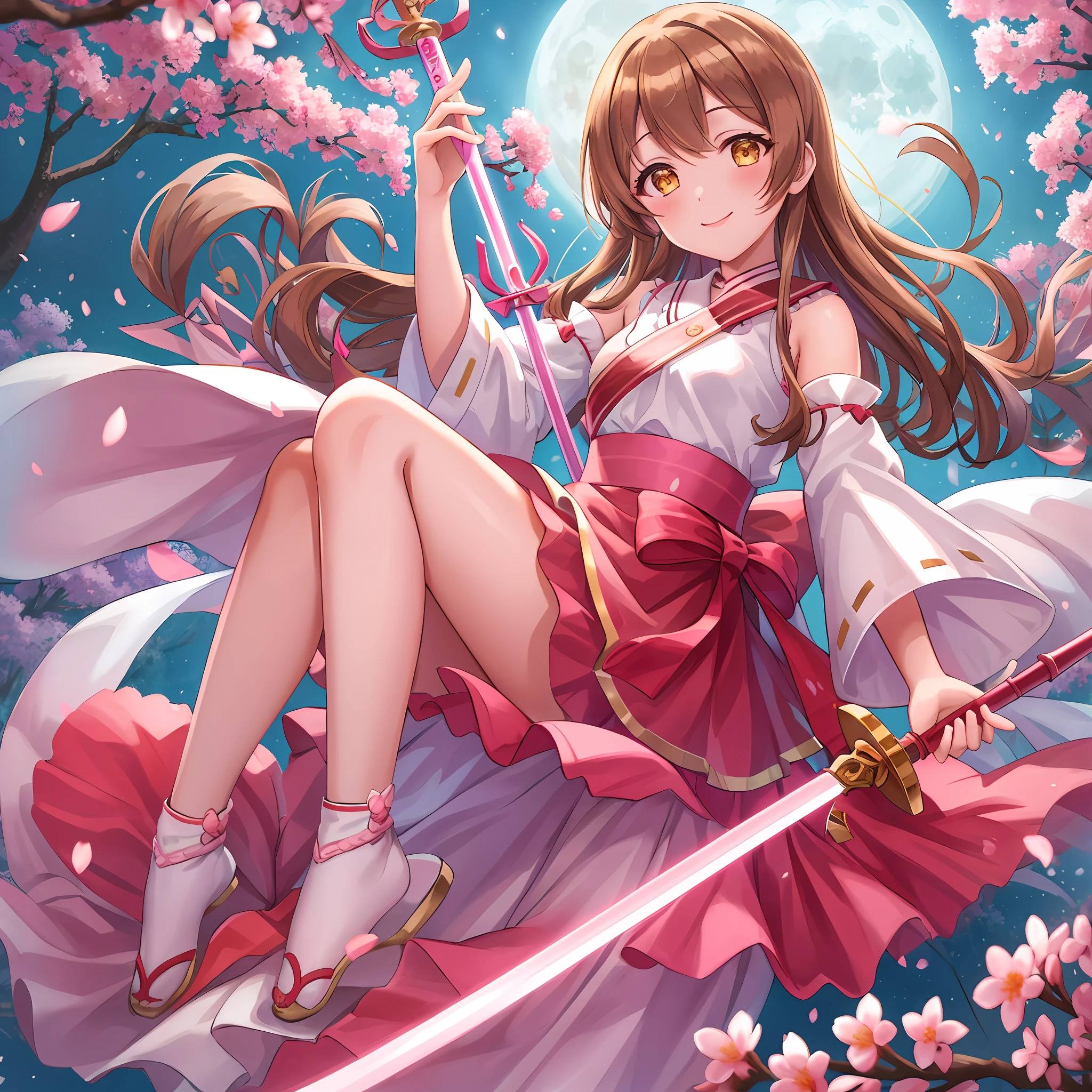 masterpiece, 1girl, best quality, shrine maiden outfit, moon, sakura tree, Hanamaru Kunikida Love Live, light brown hair, yellow eyes, accurate hands, shiny eyes, pink lips, smiling, small blush, accurate hands, light sword, healing staff