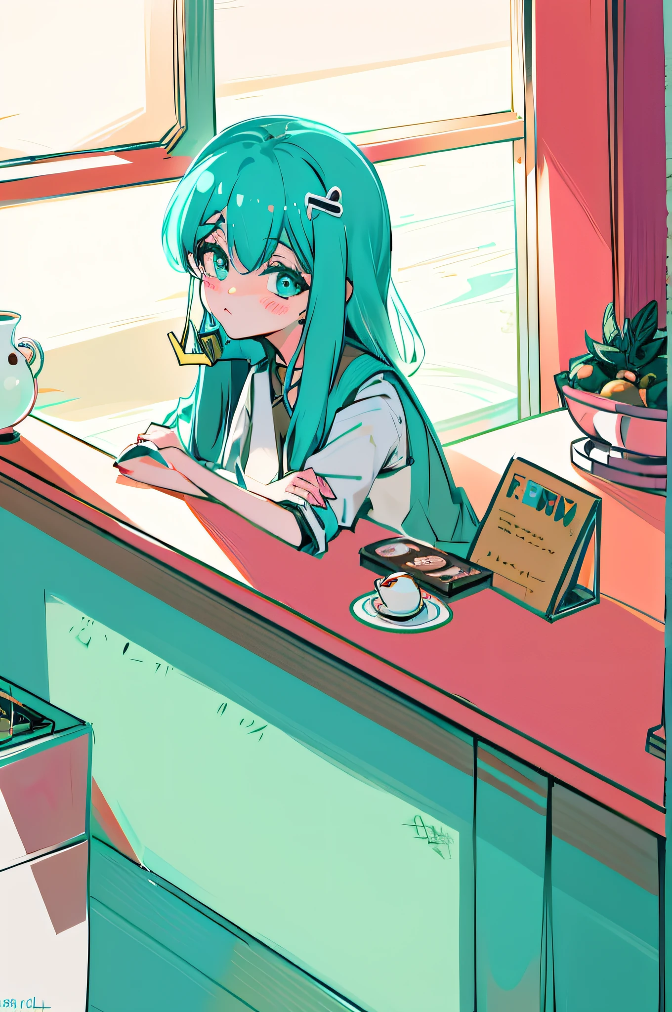 anime girl sitting at a counter with a cup of coffee, mysterious coffee shop girl, lofi girl, anime style 4 k, mikudayo, anime girl with teal hair, lofi art, 2 d anime style, at the counter, lofi, lofi artstyle, anime aesthetic, anime art wallpaper 8 k, anime vibes, anime art wallpaper 4k