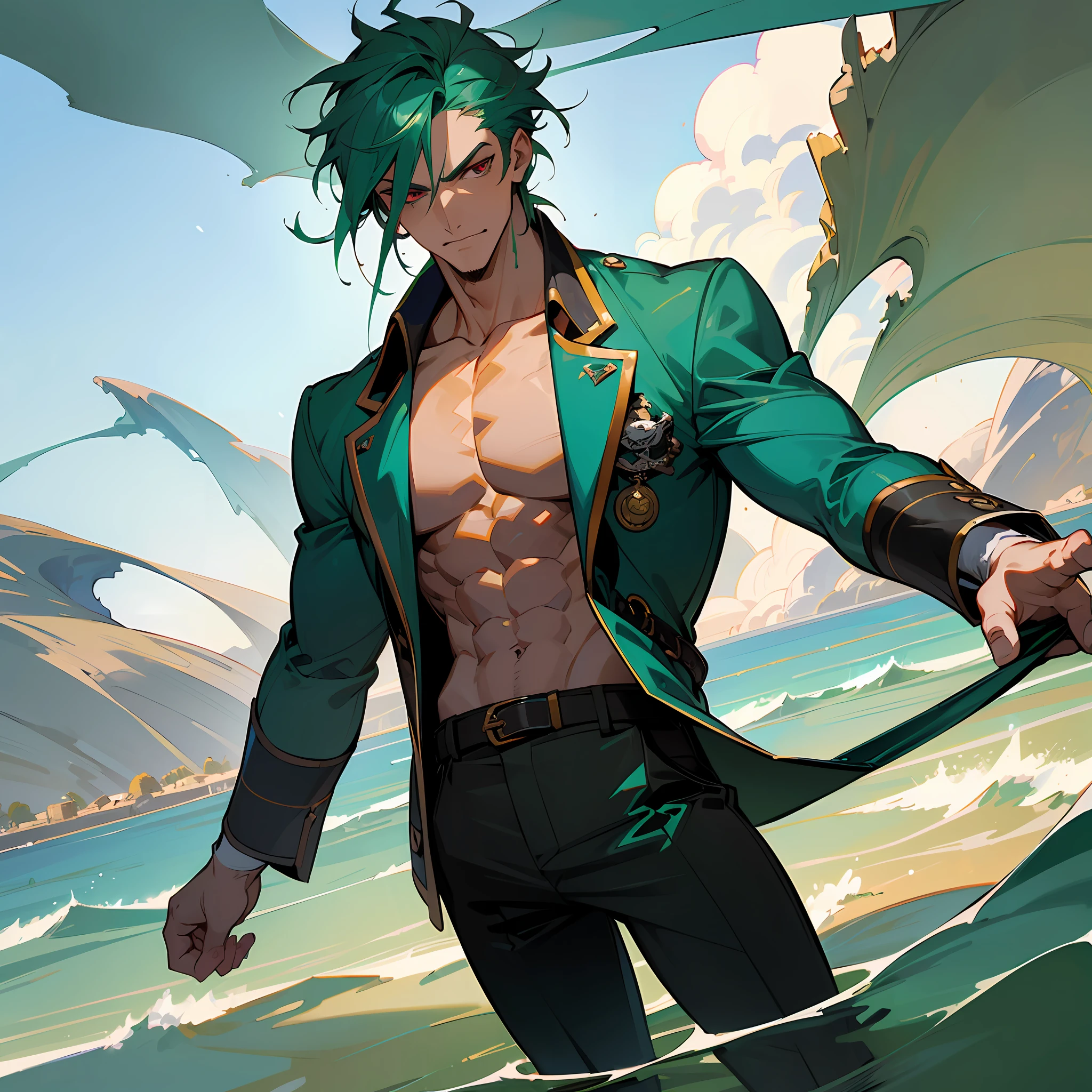 ((masterpiece)), ((best quality)), (ultra-detailed), dynamic angle, full body, ocean, a handsome man, man, solo, pirate, beautiful green hair, beautiful red eyes, ((beautiful eyes))1, transparent hair, translucent hair, muscle, cigarette, triumphant look, smug look, self-satisfied look --auto --s2