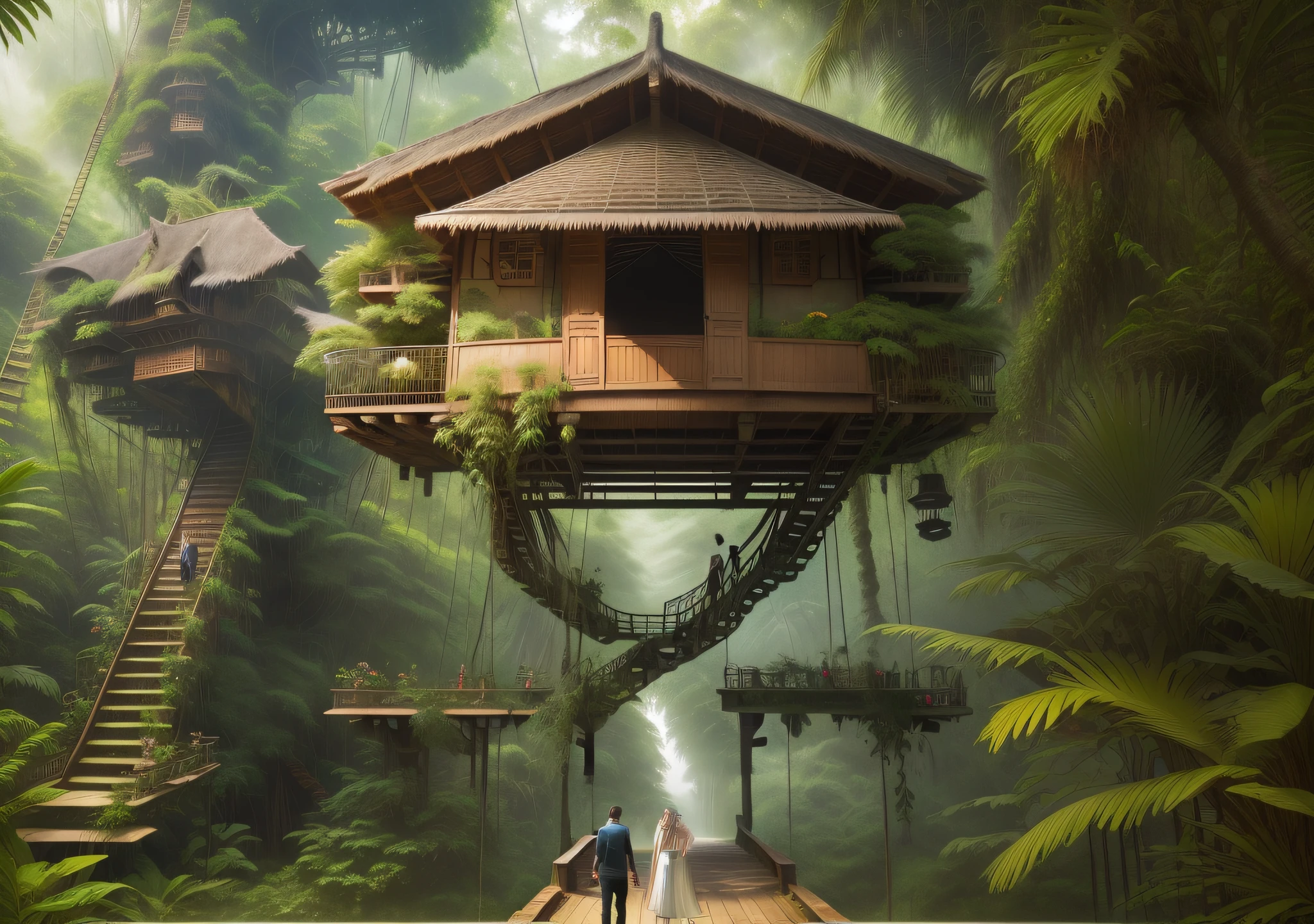 a couple standing on a bridge in front of a tree house, floral jungle treehouse, in a tree house, treehouse, tree house, jungle setting, in a jungle environment, beachwood treehouse, in serene forest setting, las pozas, pine treehouse, cozy treehouse bedroom, peaceful wooden mansion, lush surroundings, inspired by Samuel Silva, true realistic image