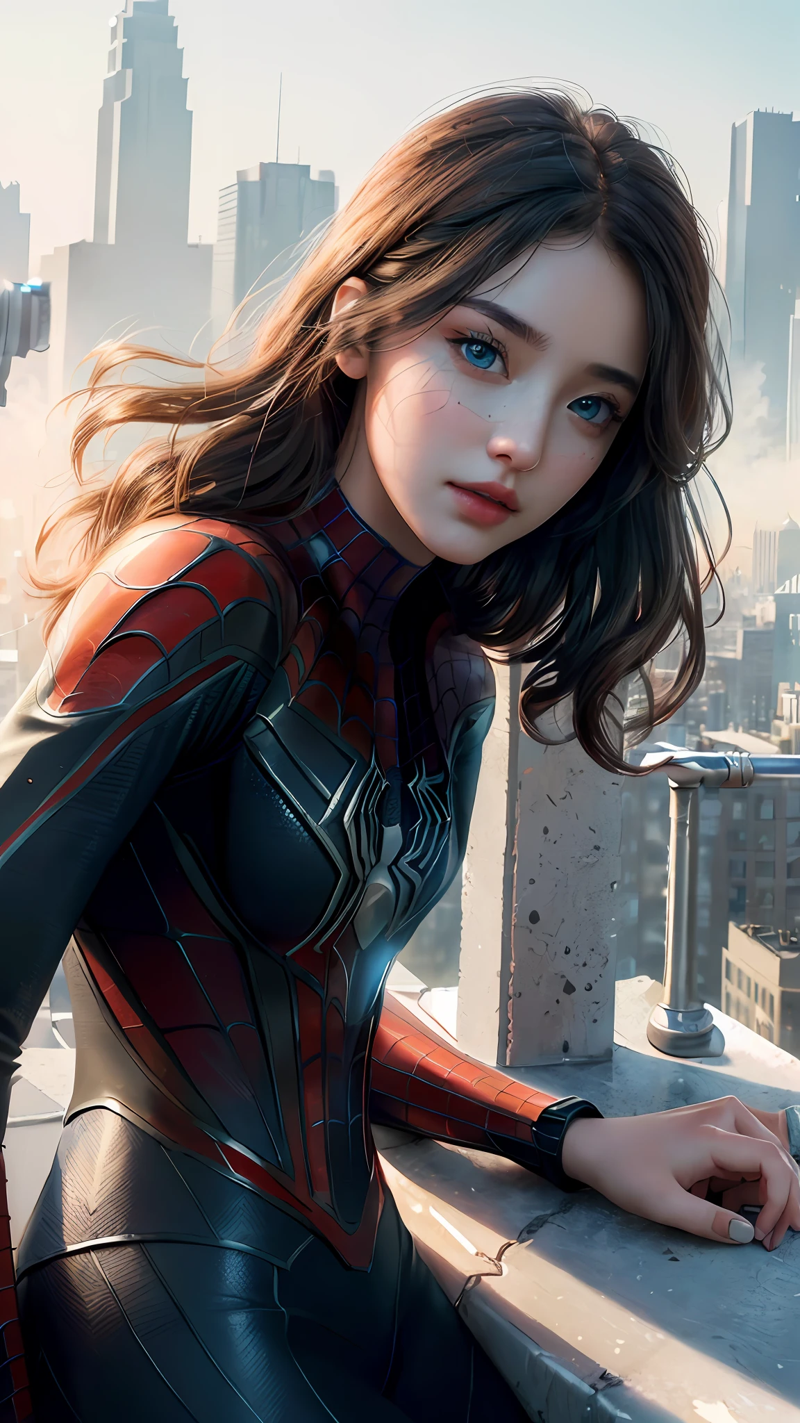 (1girl:1.3), Solo, (((Very detailed face)))), ((Very detailed eyes and face)))), Beautiful detail eyes, Body parts__, Official art, Unified 8k wallpaper, Super detailed, beautiful and beautiful, beautiful, masterpiece, best quality, original, masterpiece, super fine photo, best quality, super high resolution, realistic realism, sunlight, full body portrait, amazing beauty, dynamic pose, delicate face, vibrant eyes, (from the front), She wears Spider-Man suit, red and black color scheme, spider, very detailed city roof background, rooftop, overlooking the city, detailed face, detailed complex busy background, messy, gorgeous, milky white, highly detailed skin, realistic skin details, visible pores, clear focus, volumetric fog, 8k uhd, DSLR, high quality, film grain, fair skin, photo realism, lomography, futuristic dystopian megalopolis, translucent
