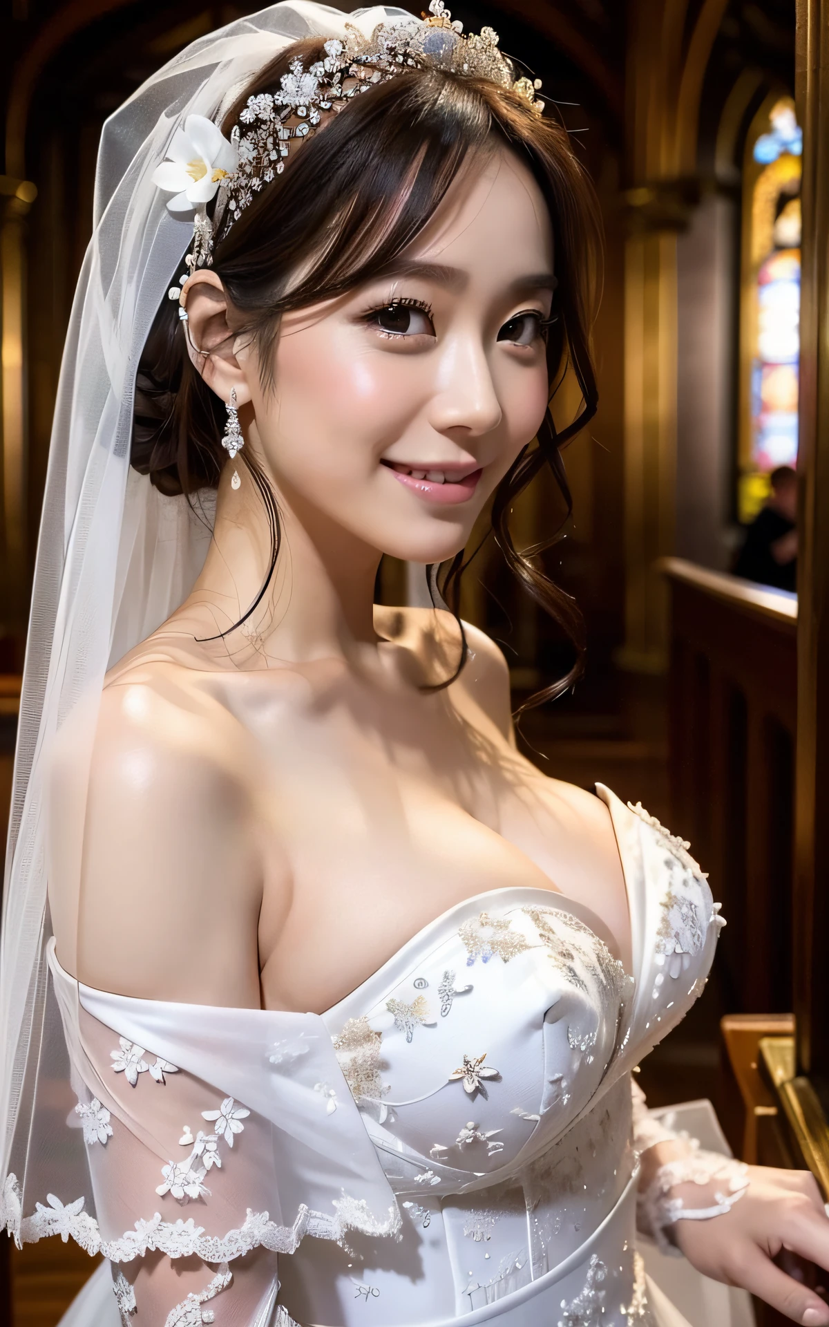 (Masterpiece: 1.4), (Hyper Realistic: 1.4), (Best Quality, 16k, 32k, Masterpiece, UHD: 1.2), Pretty Japan Woman Pictures, ung Girl, Double Eyelids, (Big: 1.2), Sexy Bride, (Pure White Wedding Dress, Wedding Veil)), (Deep Slit: 1.2), (Smile: 1.1), Off Shoulder , ((in the church)), cleavage cutout, (from side)