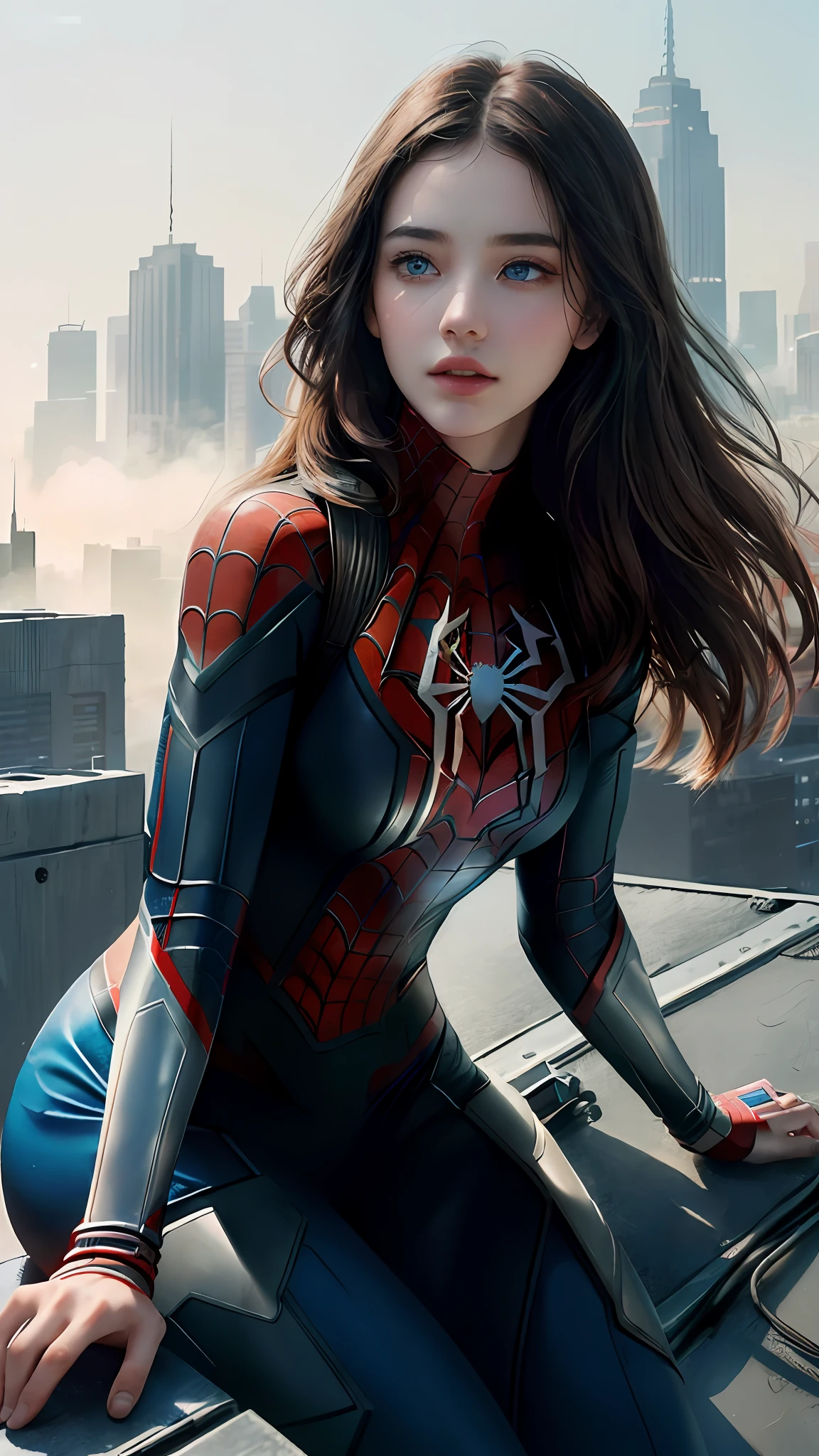 (1girl:1.3), Solo, (((Very detailed face)))), ((Very detailed eyes and face)))), Beautiful detail eyes, Body parts__, Official art, Unified 8k wallpaper, Super detailed, beautiful and beautiful, beautiful, masterpiece, best quality, original, masterpiece, super fine photo, best quality, super high resolution, realistic realism, sunlight, full body portrait, amazing beauty, dynamic pose, delicate face, vibrant eyes, (from the front), She wears Spider-Man suit, red and black color scheme, spider, very detailed city roof background, rooftop, overlooking the city, detailed face, detailed complex busy background, messy, gorgeous, milky white, highly detailed skin, realistic skin details, visible pores, clear focus, volumetric fog, 8k uhd, DSLR, high quality, film grain, fair skin, photo realism, lomography, futuristic dystopian megalopolis, translucent