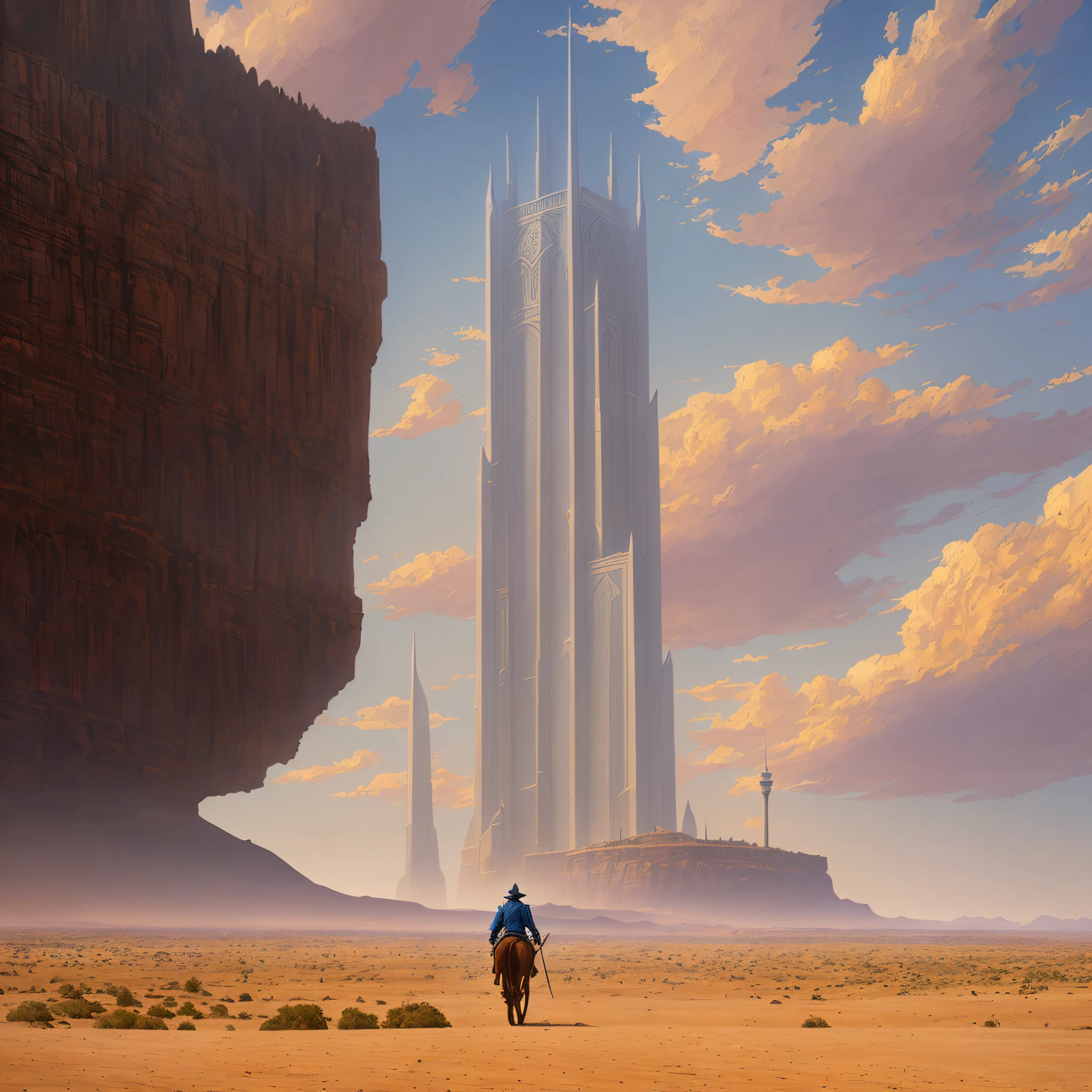 there is a man riding a horse in the desert with a tall tower in the background, ancient epic tower in the desert, the dark tower, mage tower far away, 4k concept art, 4 k concept art, beeple and jean giraud, anor londo, illustration matte painting, inspired by Raphael Lacoste, james gurney and andreas rocha --auto --s2
