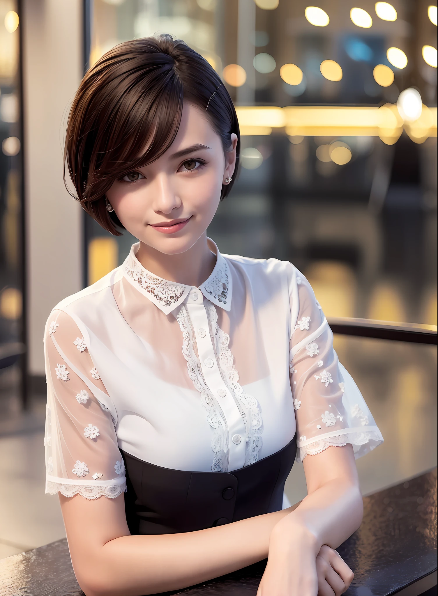 Super Smile, Open Mouth, (8k, Best Quality, Masterpiece: 1.2), (Realistic, Photorealistic: 1.37), Ultra Detailed, Girl 1 person, Cute, Alone, Beautiful Detailed Sky, Detailed Cafe, Night, Sitting, Date, (Blush), (Smile: 1.15), (Closed) Small, Beautiful Details, (Shirt with collar: 1.1),Night, Wet, Business Wear, Rain, White Lace,(Short Hair :1.2),Floating hair NovaFrogStyle,