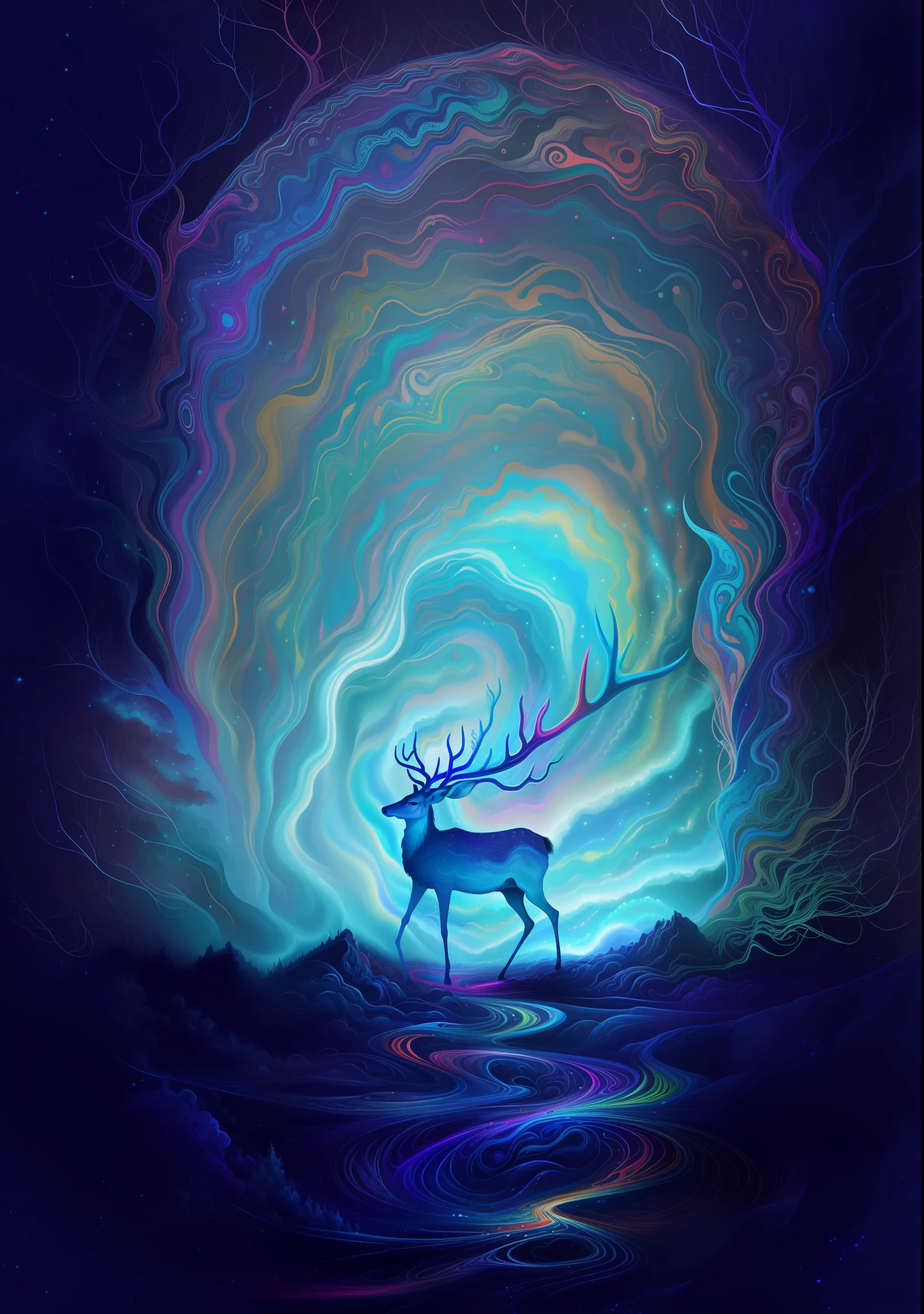 (Psychedelic painting of a deer standing in front of a swirl of colors), ((big antlers, stag, big head)), wave, multi-layered, foreground, perspective, fractal thunder Dan Mumford, Dan Mumford and alex gray style, psychedelic surreal art, surreal psychedelic design, fantasy art style, illusion psychedelic art, infinite psychedelic waves, inspired by cyril rolando, real Ripple structure, psychedelic art style, psychedelic art, psychedelic illustration--V6