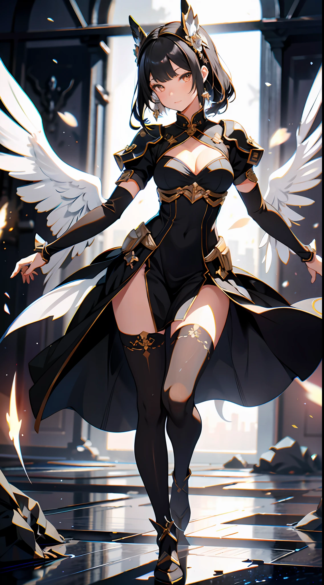 absurd res, high res, (masterpiece:1.4), ultra-detailed, 1girl, from above, space, floating, black and white Chinese dress, black and white dress, black stockings, light brown hair, glowing gold eyes, hands out of frame, arms behind back, hands behind back, hands out of frame, lower half focus, legs focus, revealing legs, exposing tighs, standing,