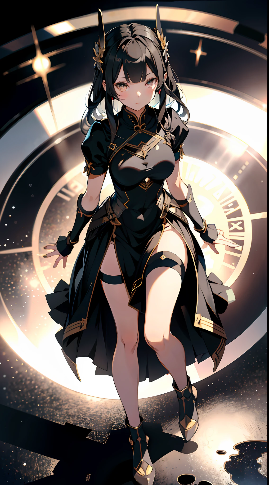 absurd res, high res, (masterpiece:1.4), ultra-detailed, 1girl, from above, space, floating, black and white Chinese dress, black and white dress, black stockings, light brown hair, glowing gold eyes, hands out of frame, arms behind back, hands behind back, hands out of frame, lower half focus, legs focus, revealing legs, exposing tighs, standing,
