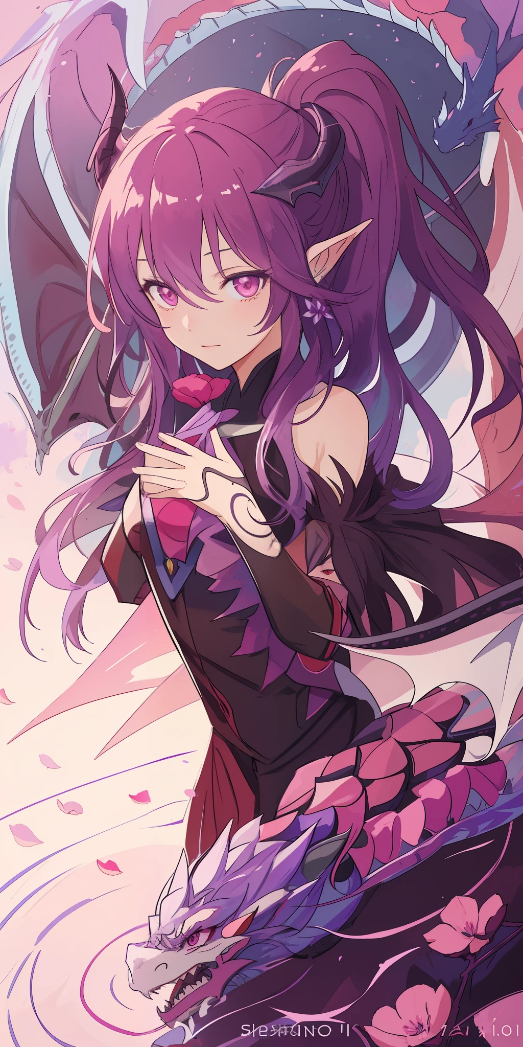 ((Masterpiece, Best Quality)), (Negative Space: 1.2), (1 Girl, Solo: 1.4), Petals, Pink Eyes, Dragon Girl, Long, Purple Hair, High Ponytail, Liquid Hair, Flowers, Dragon Background