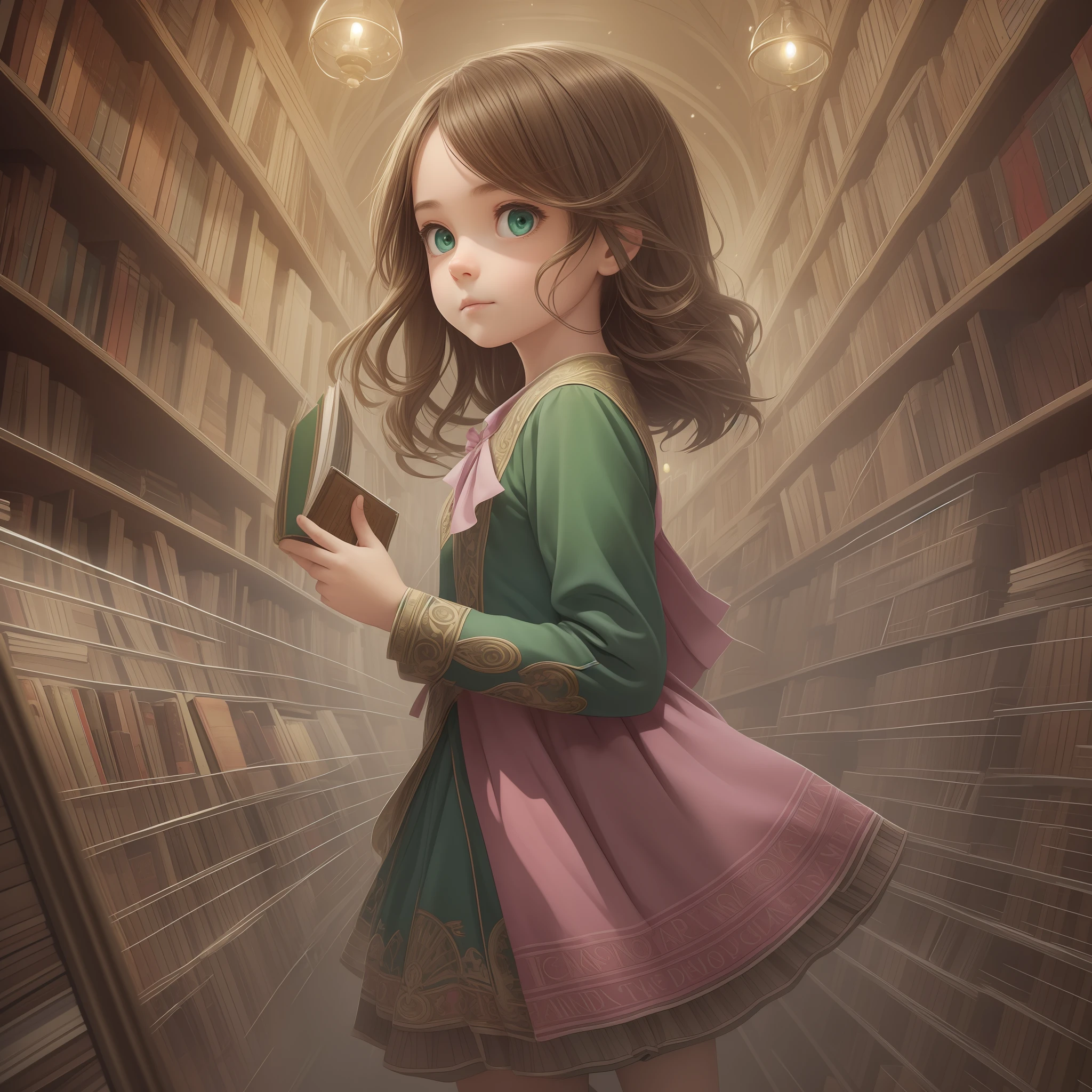 (masterpiece), (Same character, front, side, back), simple background!, (full body), (keep clothes), in the center of the screen, detailed lighting, delicate shadows, exaggerated hair, girl, 3 beautiful eyes, big eyes with pink-green gradient, closeup, 3d, super detailed, generative front view, side view, rear view, frameless, octane render, hd, a ten-year-old girl named Clara. Clara loved books, diving deep into worlds full of adventure, mystery, and knowledge. One day, walking through an old bookstore in his town, he found a very peculiar book. It was an old volume with the title "The Book of Time."