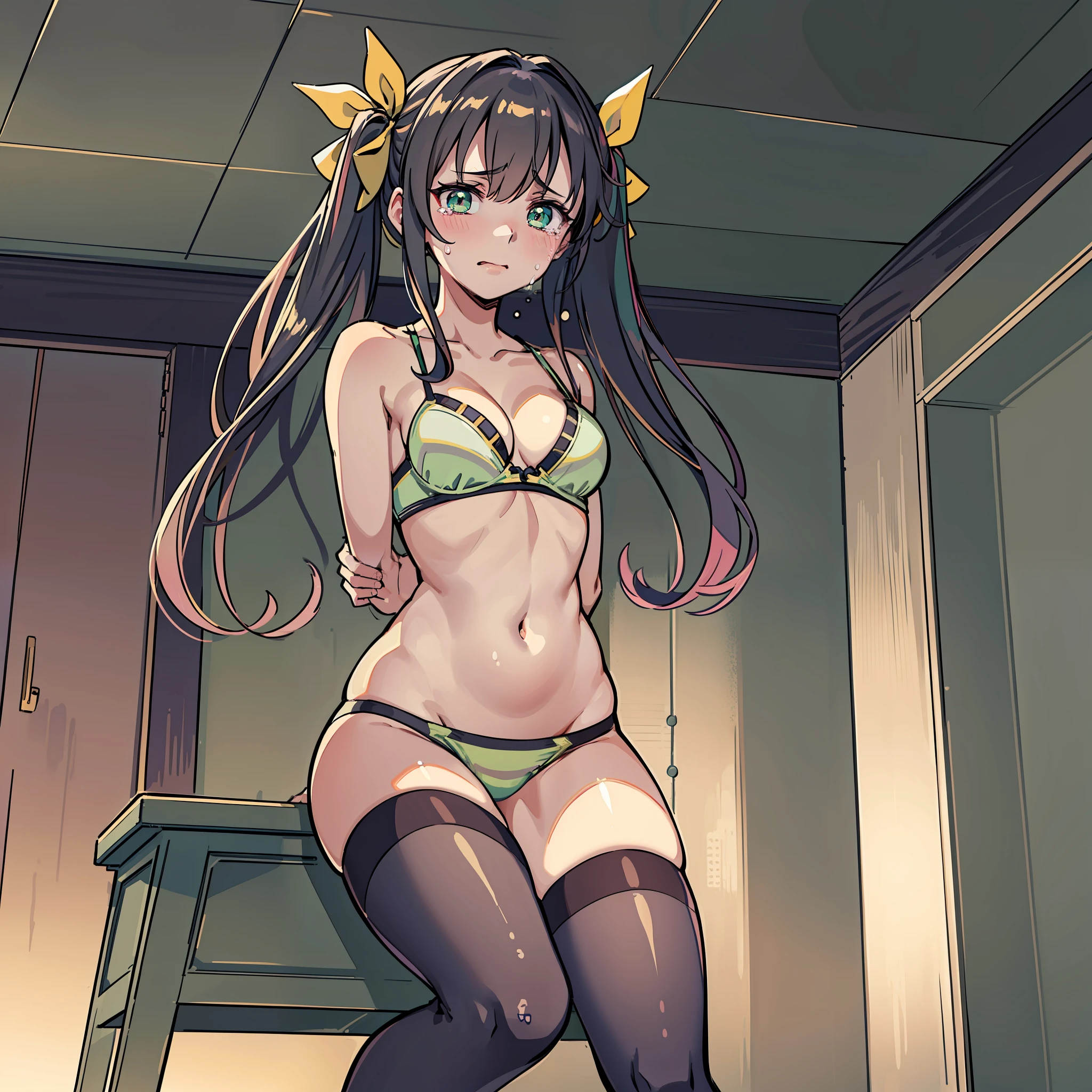 (((masterpiece))), best quality, highly detailed, extremely detailed CG unity 8k wallpaper,illustration,sfw,safe for work, 
sd1,solo, one female,1female,lingyinhuang, fang, pink thigh highs,yellow ribbon, hair ribbon,green ,green , covered navel,  shoulders, dark green eyes, wet body,,, tied,tied up,rope, hands are bound,
close-up to her toes,belly,hands tied up,hands bound on,sitting,looking on the belly,from below,
coughing,suffering,tears,crying,suffering face,
indoor,grey background, dark background,night,dark living room,warm light,spotlight,