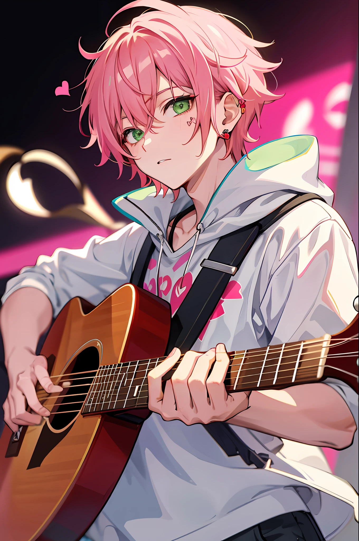 1Boy, short pink hair, green eyes, cute expression, heart earrings, holds a guitar, hearts around him