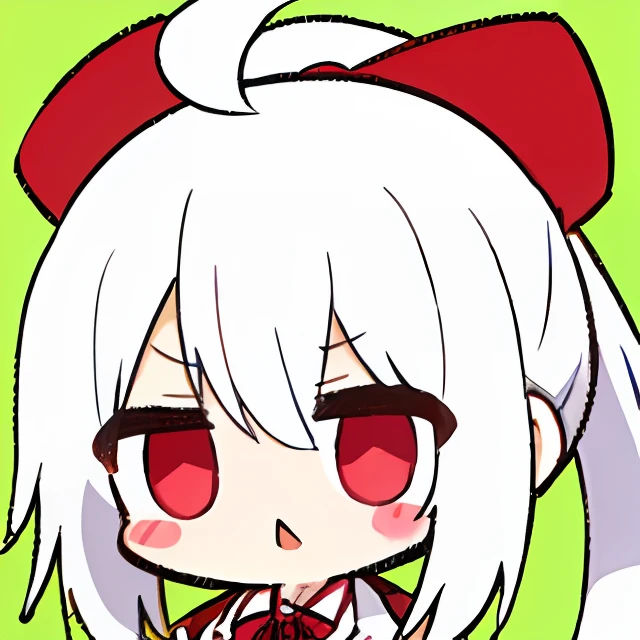 Anime girl with full white hair, long ponytail tied with red ribbon, ahoge, red eyes, shocked expression,medium sized breasts,school uniform, back top uniform with red ribbon and white collar, face viewer,discord sticker,sticker,logo,minimalistic, (minimalistic: 1,5), show only head chest, chibi, (human:2,5),(green background:1,5),anime moe artstyle