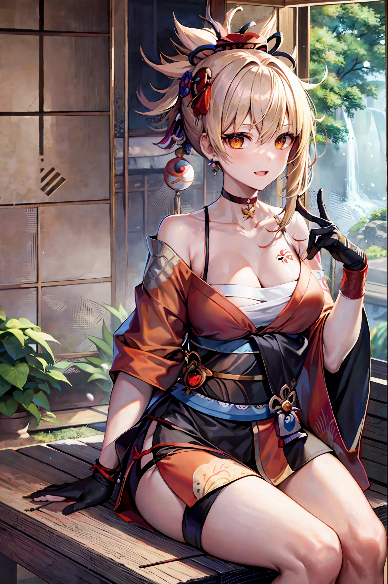 masterpiece, best quality, highres, 1girl, blonde hair, medium hair, asymmetrical hair, floating hair, hair between eyes, high ponytail, sidelocks, hair ornament, fish hair ornament, tassel, kanzashi, bangs, orange eyes, open mouth, smile, teeth, upper teeth only, choker, red choker, pendant choker, butterfly choker, collarbone, tattoo, chest tattoo, flower tattoo, cleavage, medium breasts, thighs, bandages, bandaged leg, sarashi, budget sarashi, chest sarashi, black sash, hadanugi dousa, houkisei, japanese clothes, kimono, kinchaku, obi, obiage, obijime, orange kimono, pouch, print kimono, rope, sash, shimenawa, short kimono, single bare shoulder, vision (genshin impact), east asian architecture, cherry blossoms, single glove, single fingerless glove, wristband, sitting, legs together,