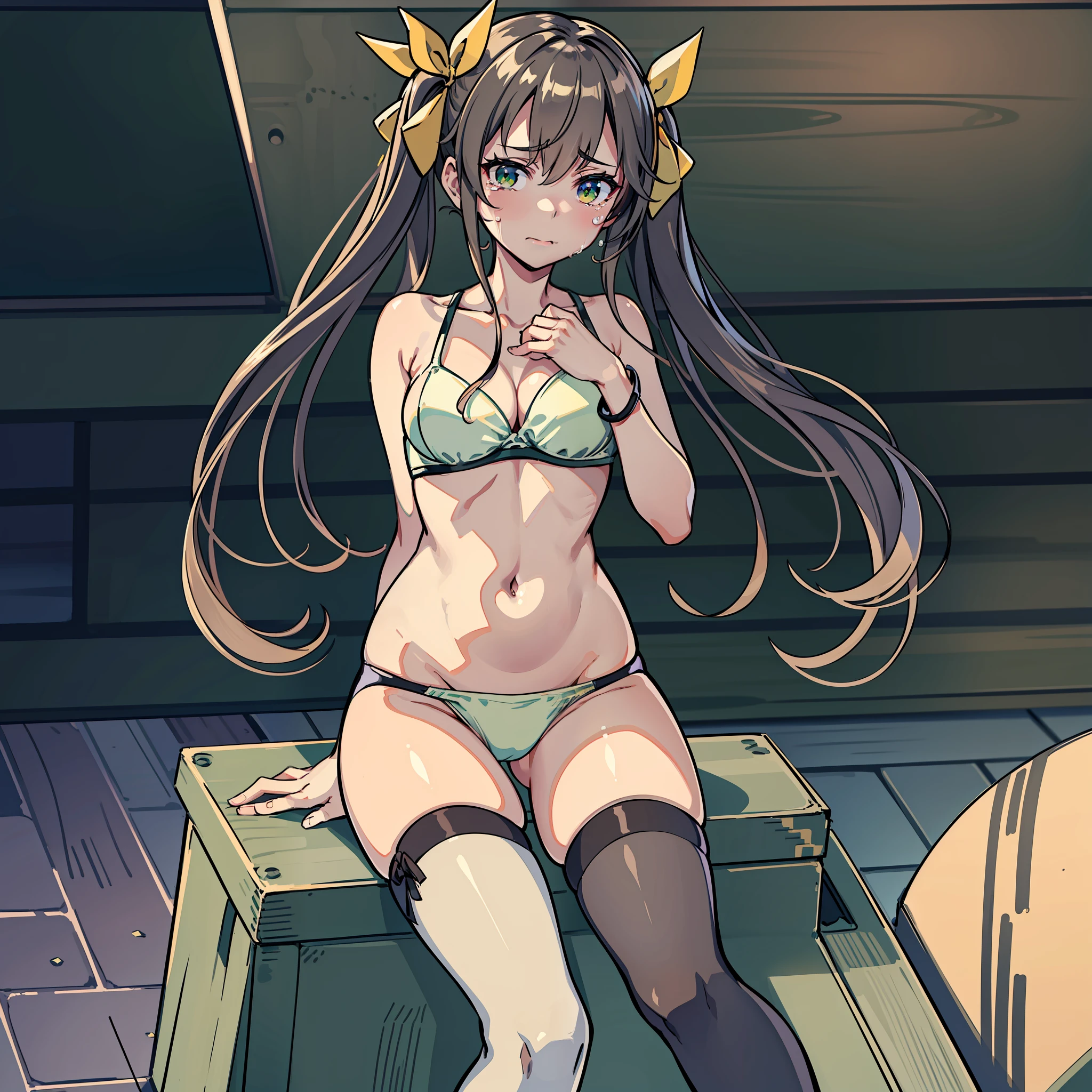 Anime girl in a bikini sitting on a box - SeaArt AI