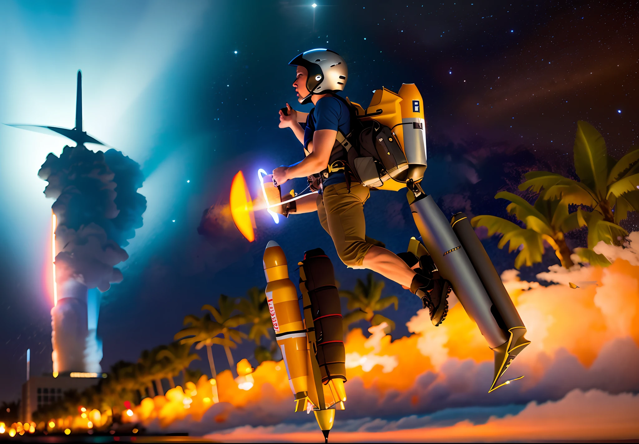 Adult flying with a rocket pack on his back. Landscape. Helmet. Jeans. Rocket jetting. Dark night. Palm tree in the background.