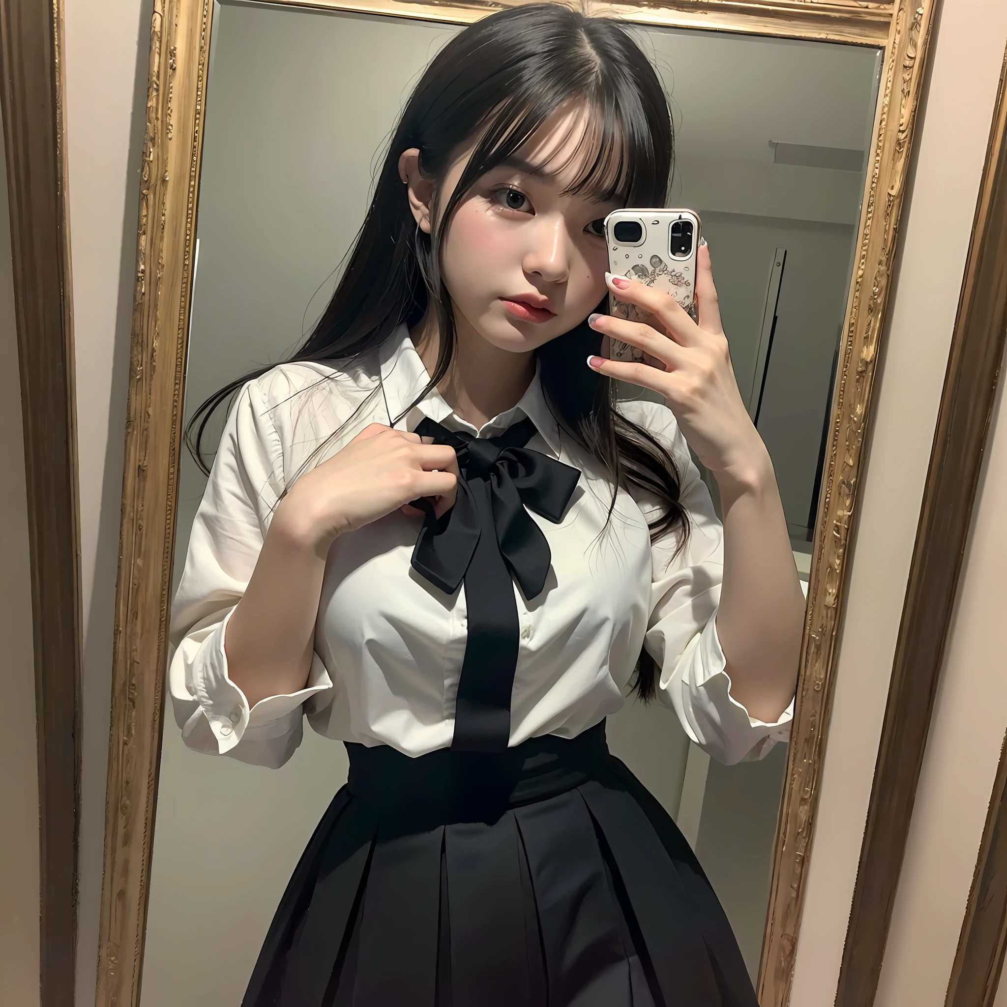 (mirror selfie: 1.5), (8k, RAW photo, highest quality, masterpiece: 1.2), ultra detail, ultra high resolution, (realistic, realistic photo: 1.37), high definition RAW color photo, professional photo, very delicate and beautiful, fine detail, highly detailed CG unity, highly detailed girl, highly detailed face, highly detailed eyes, very detailed skin, Highly detailed fingers, very detailed nose, very detailed mouth Perfect anatomy, highly detailed background, one girl, (18 years old: 1.2), ager, (white shirt and black skirt school uniform: 1.2), (flipping up the skirt by yourself), (medium hair), bangs, good figure, dynamic lighting