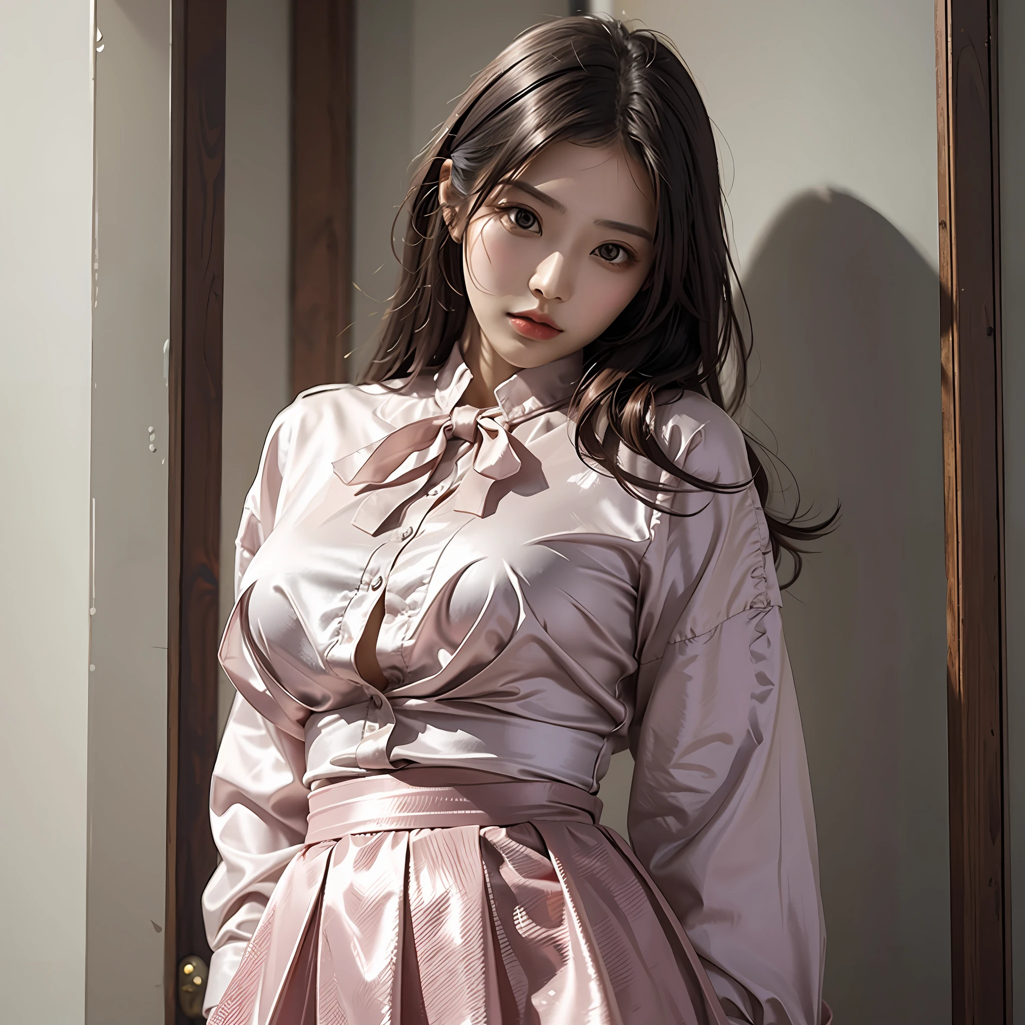 Wearing blouse, wearing shiny silk blouse, blouse material smooth, fit the body, no bra, Japan fashion model, wearing shirt, Japan model,