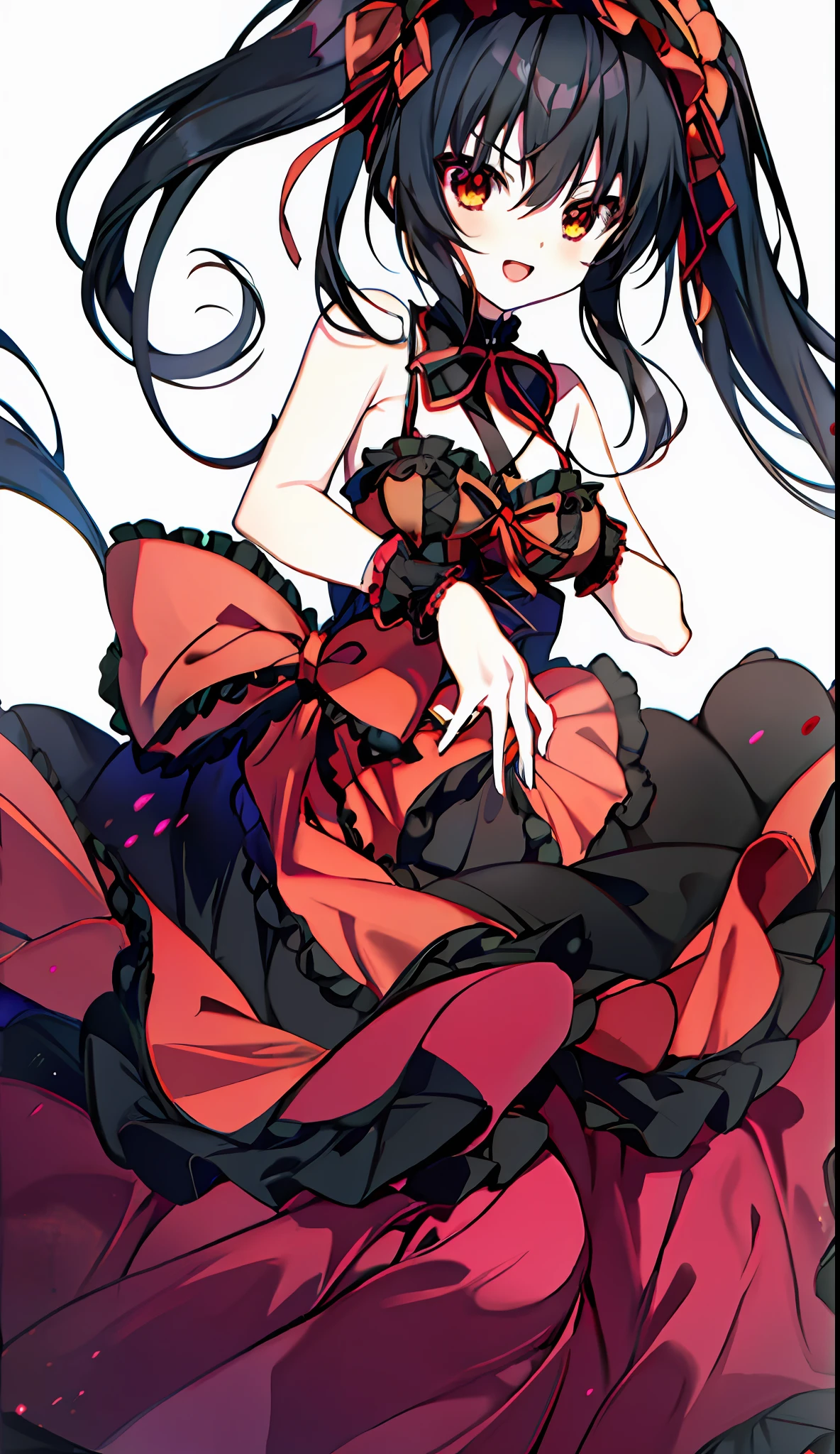 18 year old beautiful girl, masterpiece, top quality, 8K anime, 1 girl, detailed fingers, accurate fingers, not unnatural hands, odd eye, black hair twin tails, kurumi tokizaki,