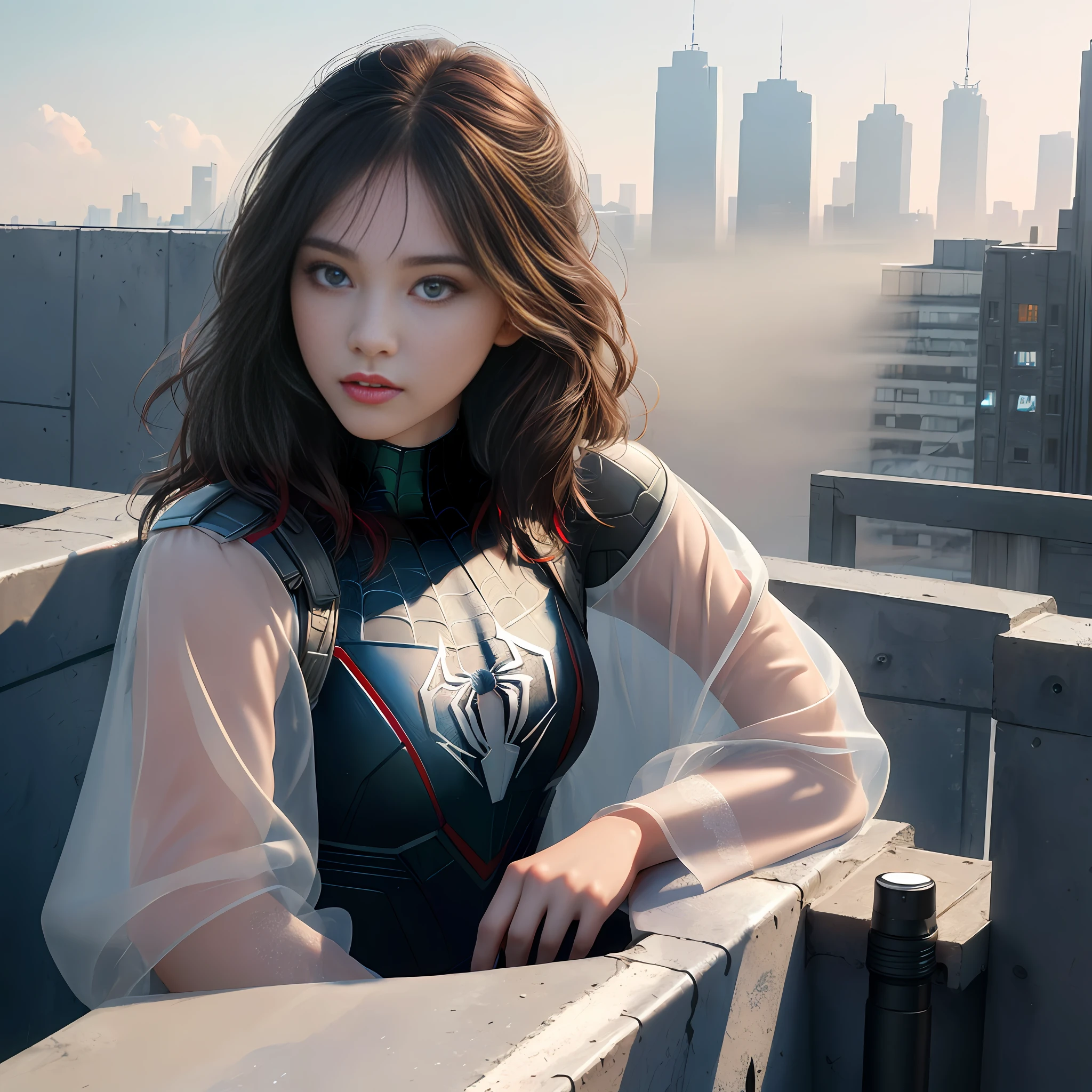 (1girl:1.3), Solo, (((Very detailed face)))), ((Very detailed eyes and face)))), Beautiful detail eyes, Body parts__, Official art, Unified 8k wallpaper, Super detailed, beautiful and beautiful, beautiful, masterpiece, best quality, original, masterpiece, super fine photo, best quality, super high resolution, realistic realism, sunlight, full body portrait, amazing beauty, dynamic pose, delicate face, vibrant eyes, (from the front), She wears Spider-Man suit, red and black color scheme, spider, very detailed city roof background, rooftop, overlooking the city, detailed face, detailed complex busy background, messy, gorgeous, milky white, highly detailed skin, realistic skin details, visible pores, clear focus, volumetric fog, 8k uhd, DSLR, high quality, film grain, fair skin, photo realism, lomography, futuristic dystopian megalopolis, translucent